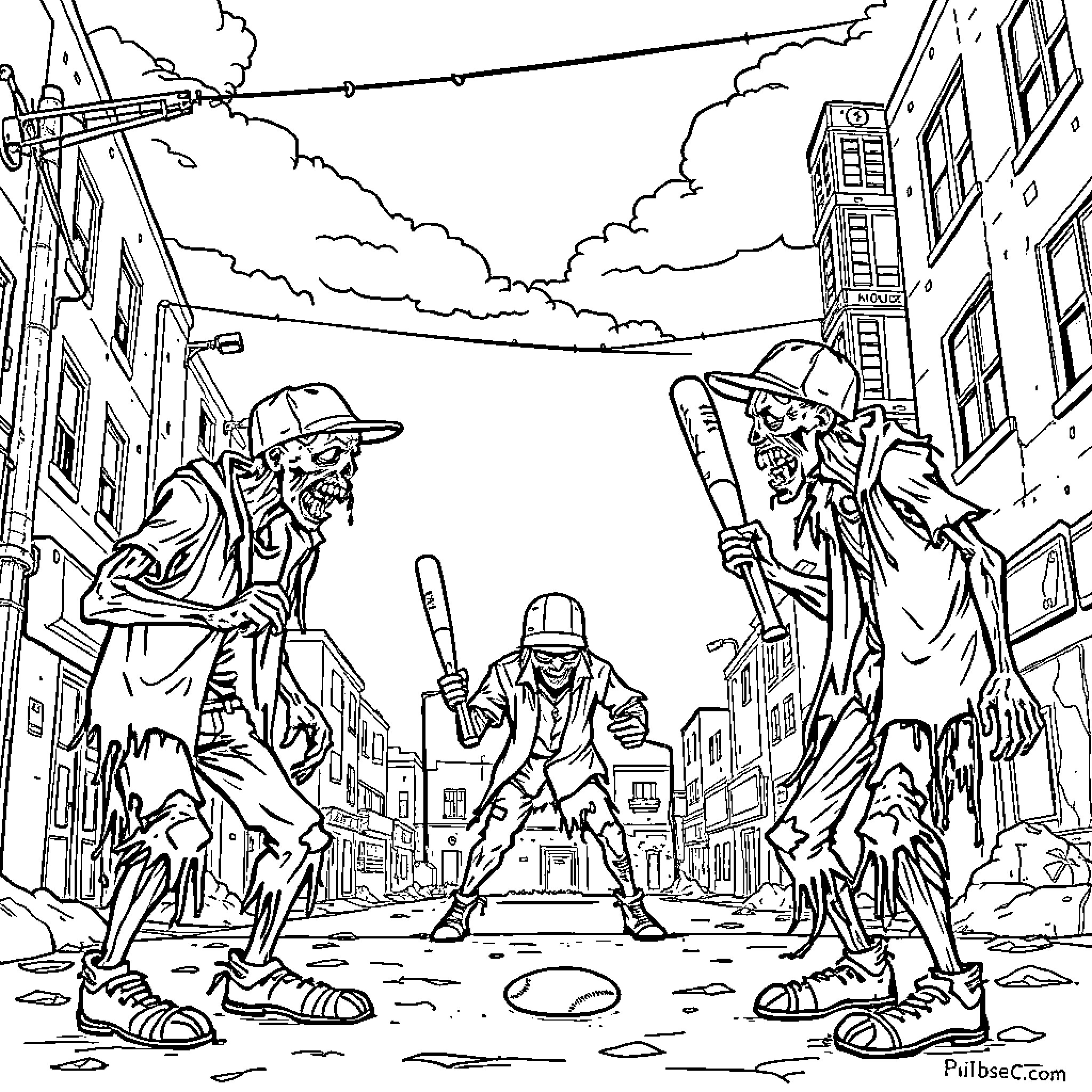 Zombie Apocalypse in the City Streets Coloring Page (free black-and-white line drawing printable PDF for all, from beginners to advanced learners, including children, teens, adults, and seniors)