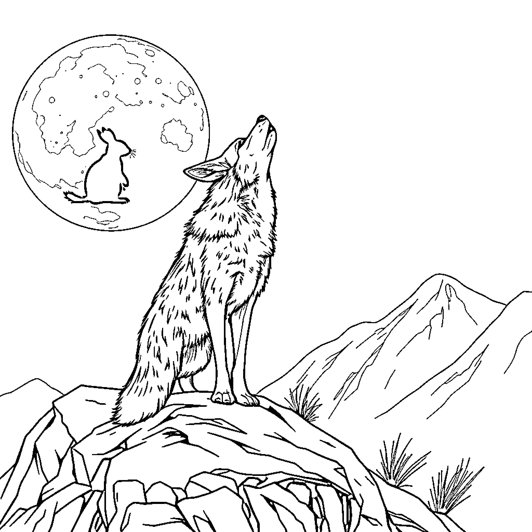 Coyote howling at the full moon in the mountains Coloring Page (free black-and-white line drawing printable PDF for all, from beginners to advanced learners, including children, teens, adults, and seniors)