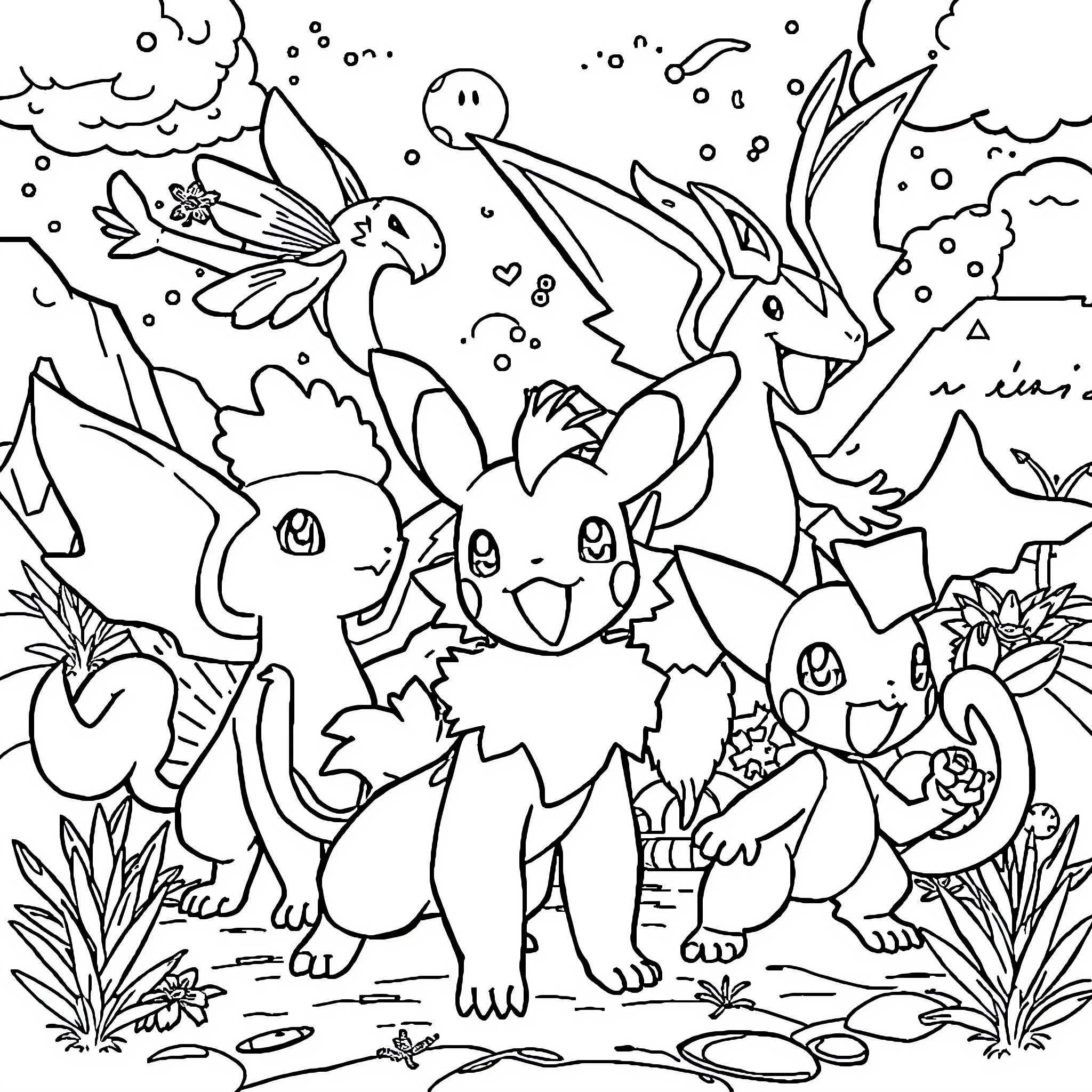 Pokémon characters in an enchanting outdoor scene Coloring Page (free black-and-white line drawing printable PDF for all, from beginners to advanced learners, including children, teens, adults, and seniors)