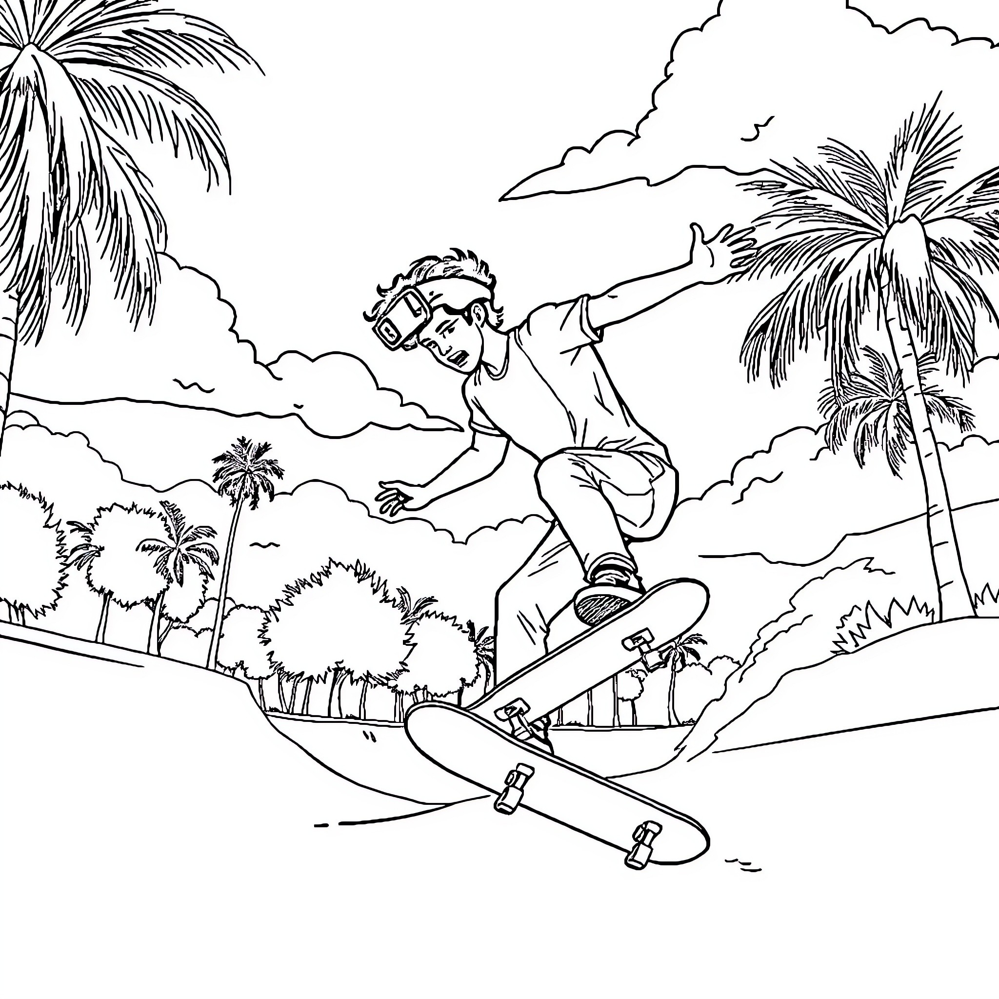 Zack de la Rocha skateboarding in tropical setting Coloring Page (free black-and-white line drawing printable PDF for all, from beginners to advanced learners, including children, teens, adults, and seniors)