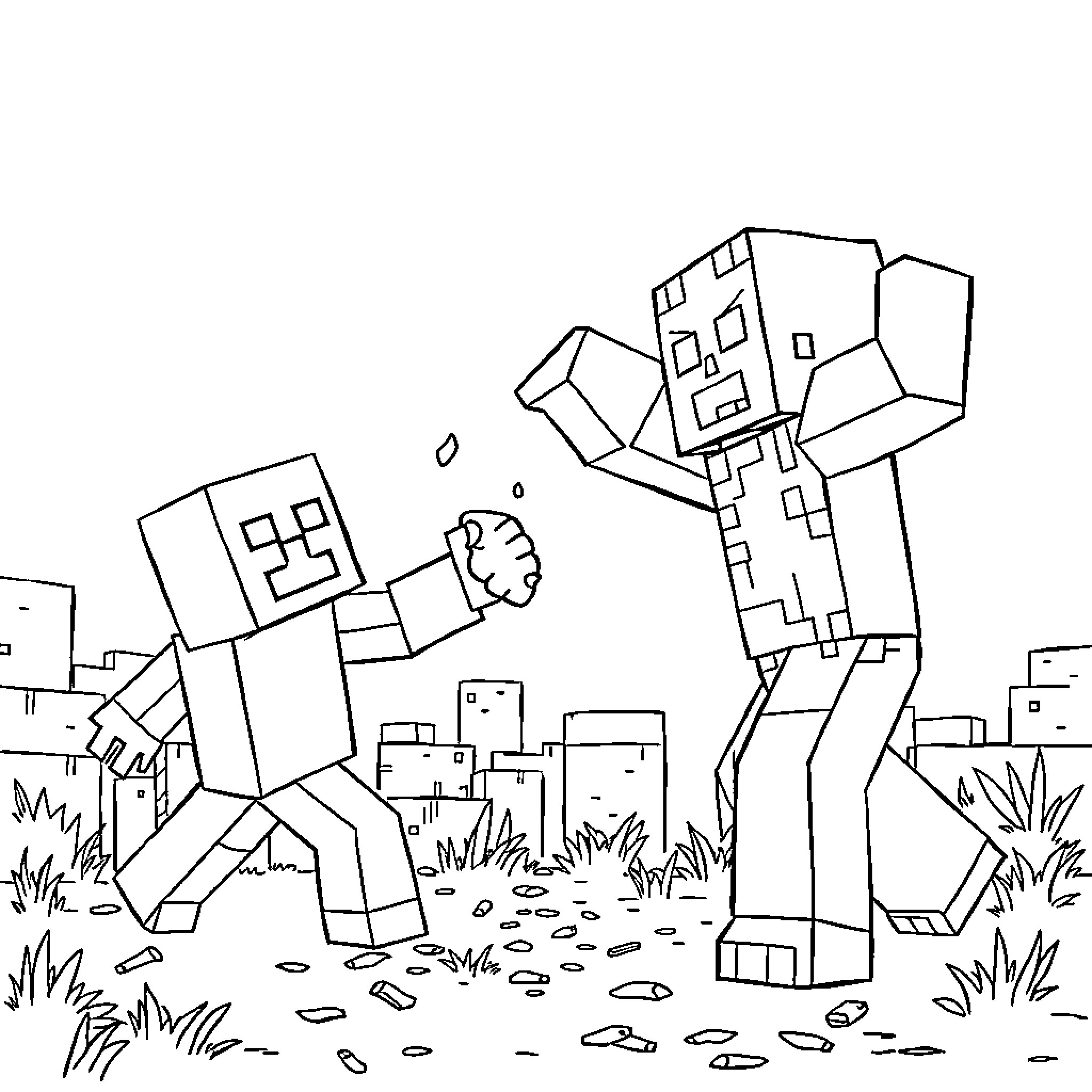Poop Cubes Battling in Blocky Wilderness Coloring Page (free black-and-white line drawing printable PDF for all, from beginners to advanced learners, including children, teens, adults, and seniors)