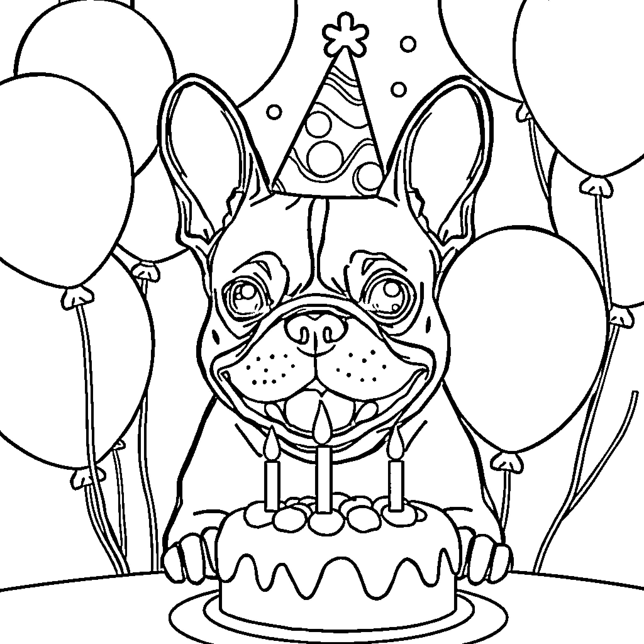 French Bulldog celebrating its birthday with cake and balloons Coloring Page (free black-and-white line drawing printable PDF for all, from beginners to advanced learners, including children, teens, adults, and seniors)