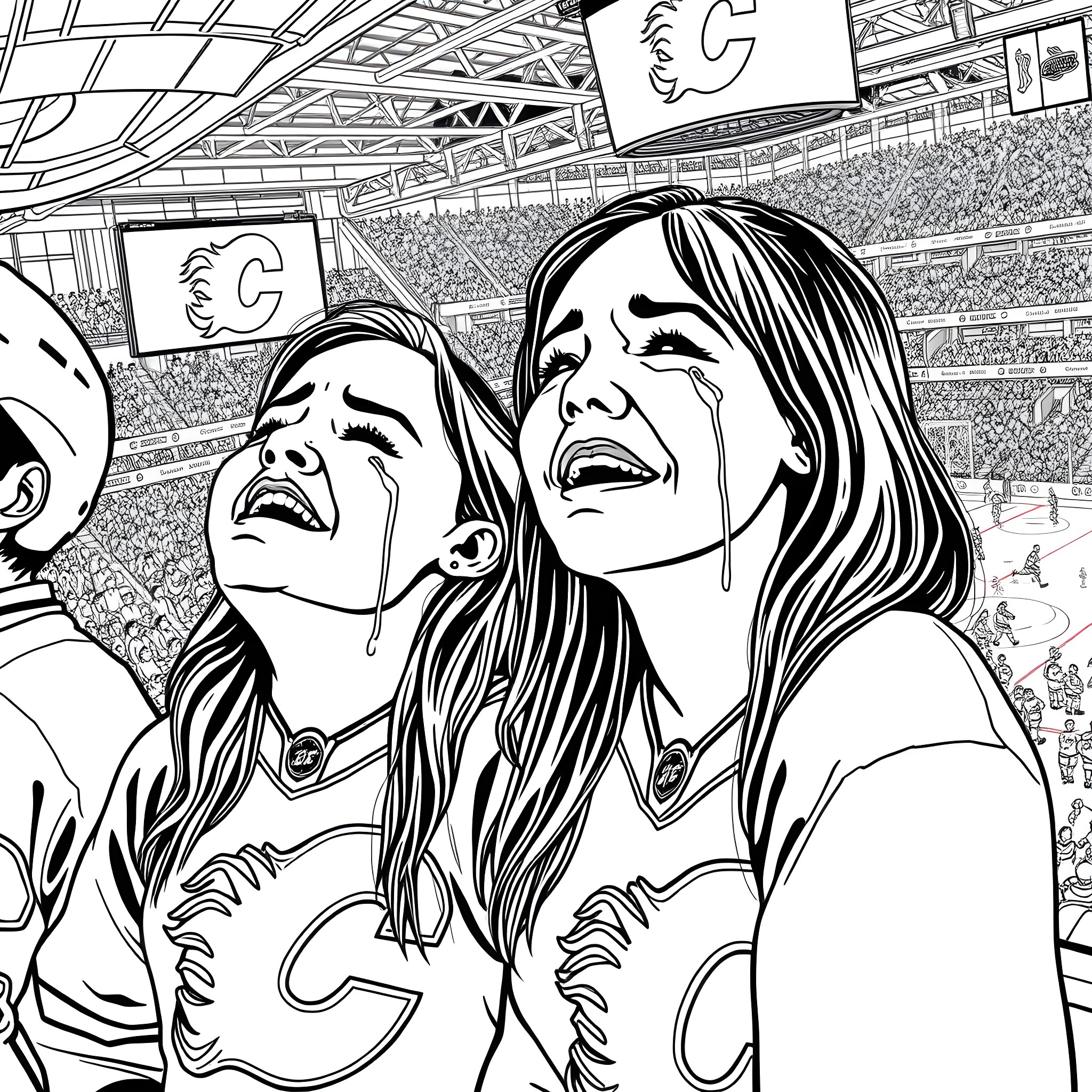 Calgary Flames fans cheering excitedly in the stadium Coloring Page (free black-and-white line drawing printable PDF for all, from beginners to advanced learners, including children, teens, adults, and seniors)