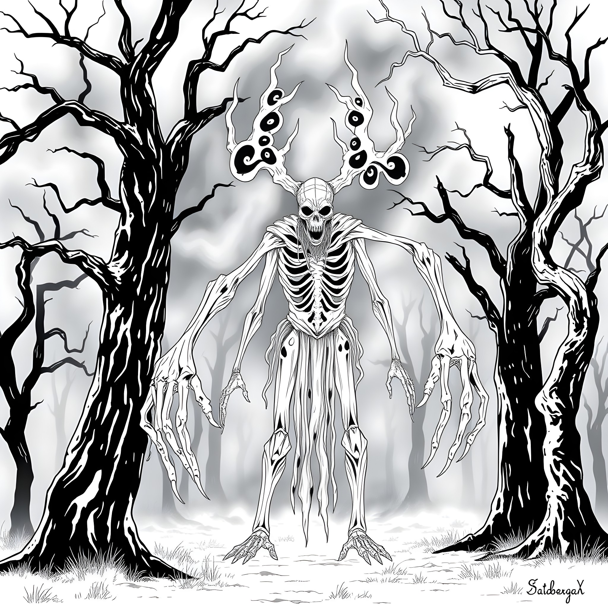 Wendigo emerging from the dark forest Coloring Page (free black-and-white line drawing printable PDF for all, from beginners to advanced learners, including children, teens, adults, and seniors)