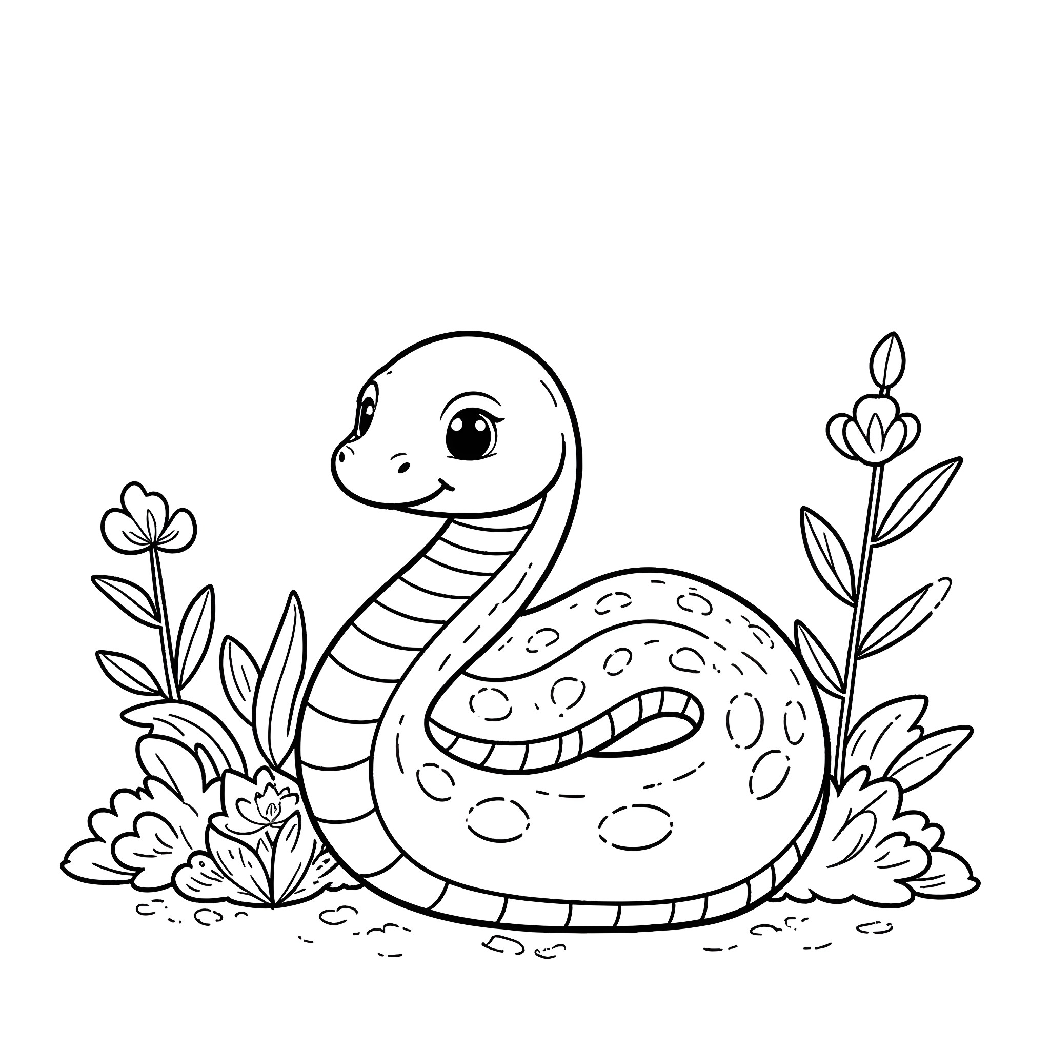 Snake surrounded by flowers in nature Coloring Page (free black-and-white line drawing printable PDF for all, from beginners to advanced learners, including children, teens, adults, and seniors)