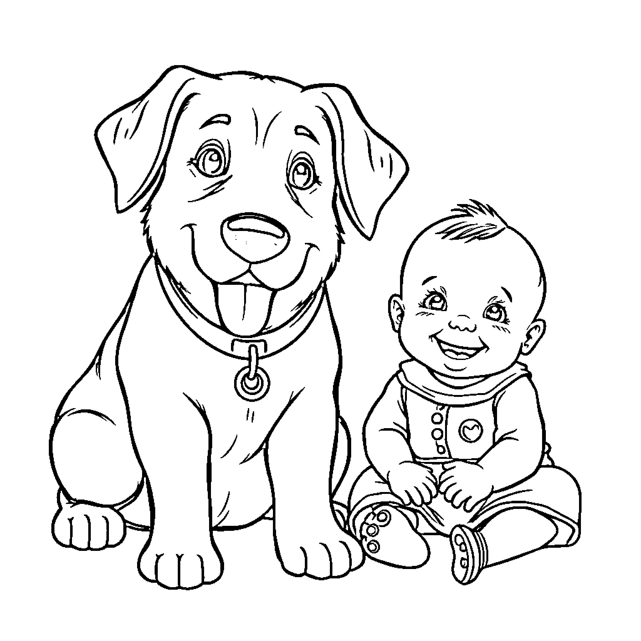 Dog and baby playing together happily Coloring Page (free black-and-white line drawing printable PDF for all, from beginners to advanced learners, including children, teens, adults, and seniors)
