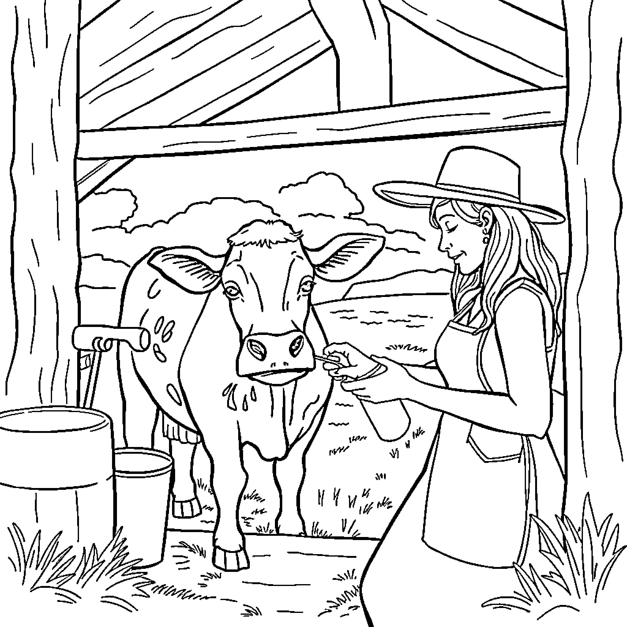 Cow being petted by a farmer in the barn Coloring Page (free black-and-white line drawing printable PDF for all, from beginners to advanced learners, including children, teens, adults, and seniors)