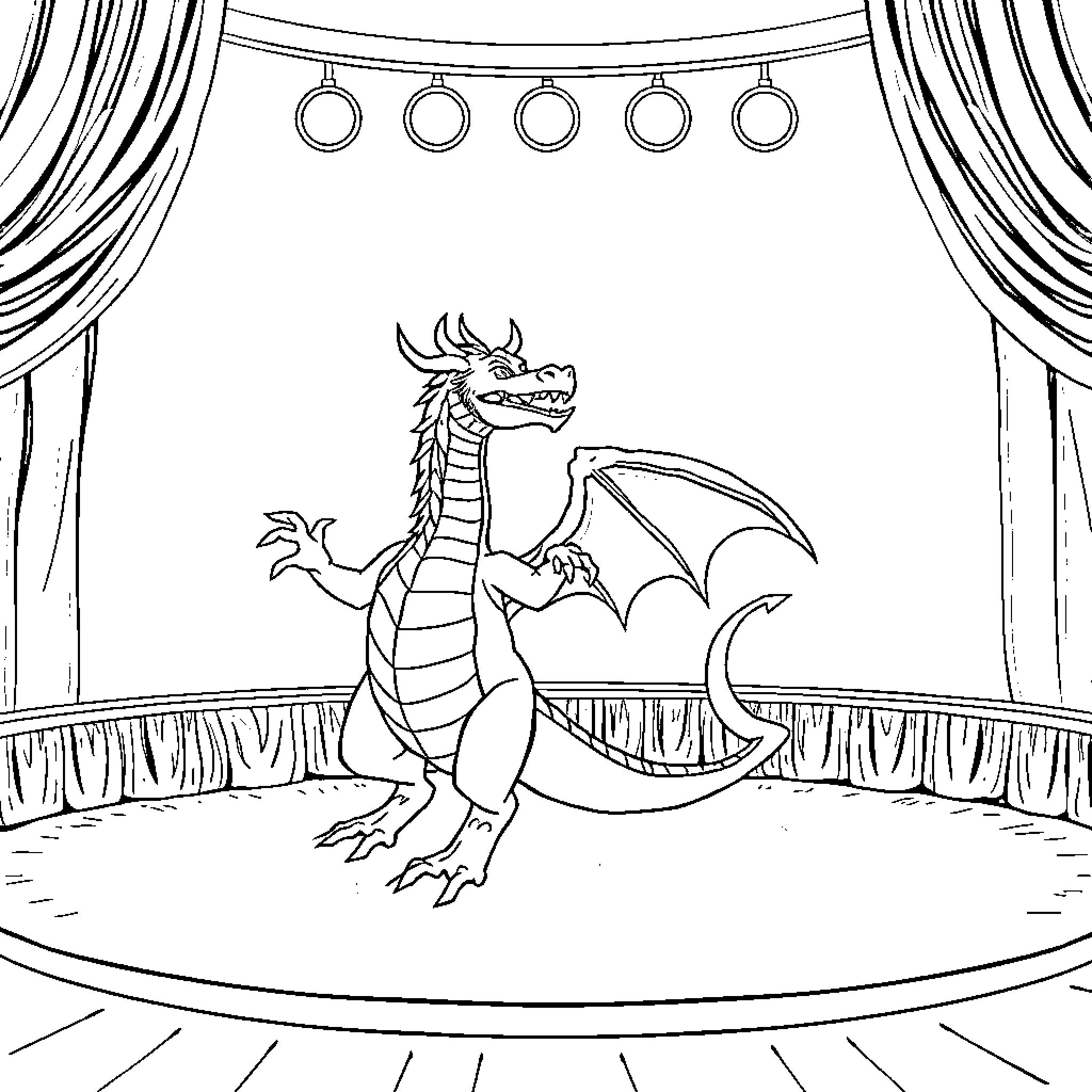 Dragon performing on stage in a theatrical setting Coloring Page (free black-and-white line drawing printable PDF for all, from beginners to advanced learners, including children, teens, adults, and seniors)