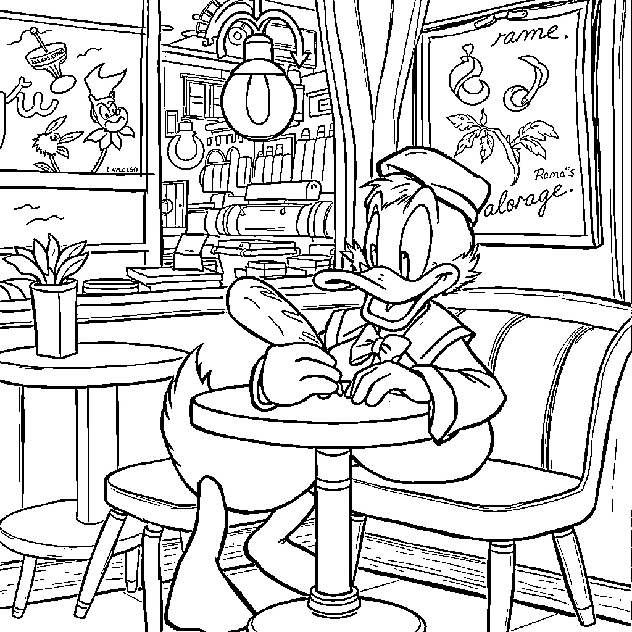 Scrooge McDuck relaxing in a cozy cafe Coloring Page (free black-and-white line drawing printable PDF for all, from beginners to advanced learners, including children, teens, adults, and seniors)