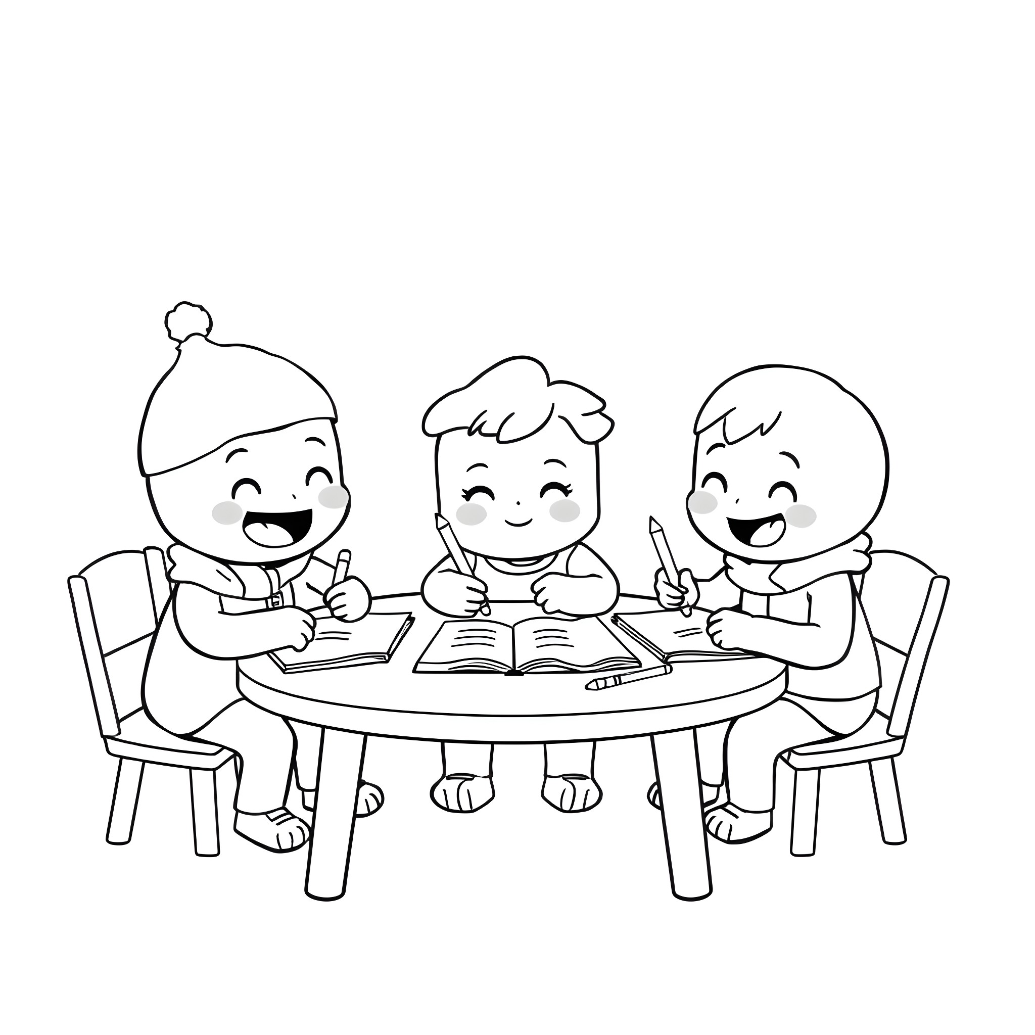 Goo Jit Zu kids studying together happily Coloring Page (free black-and-white line drawing printable PDF for all, from beginners to advanced learners, including children, teens, adults, and seniors)