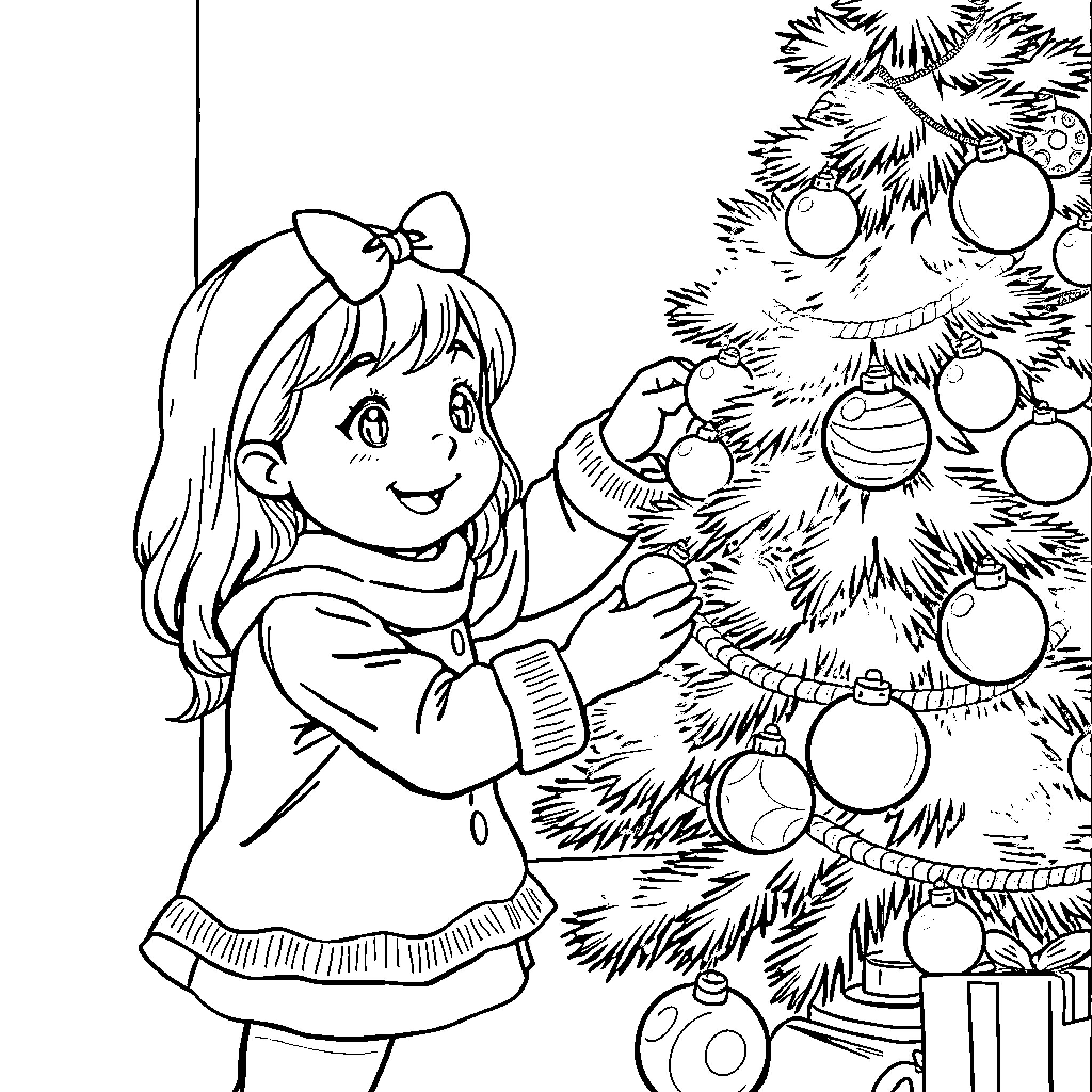 Girl Decorating a Christmas Tree Coloring Page (free black-and-white line drawing printable PDF for all, from beginners to advanced learners, including children, teens, adults, and seniors)