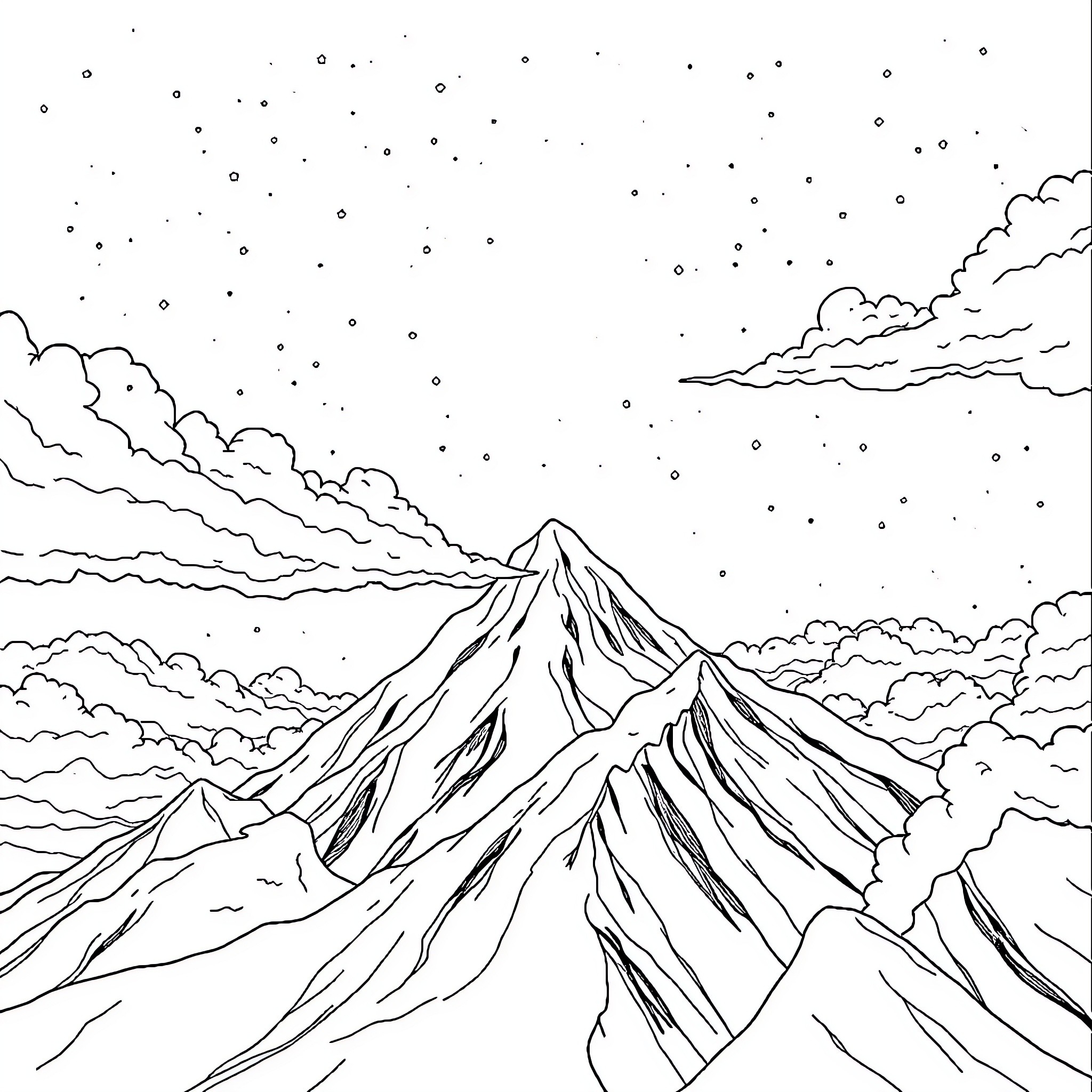 Fusee Peaks Under a Starry Night Sky Coloring Page (free black-and-white line drawing printable PDF for all, from beginners to advanced learners, including children, teens, adults, and seniors)