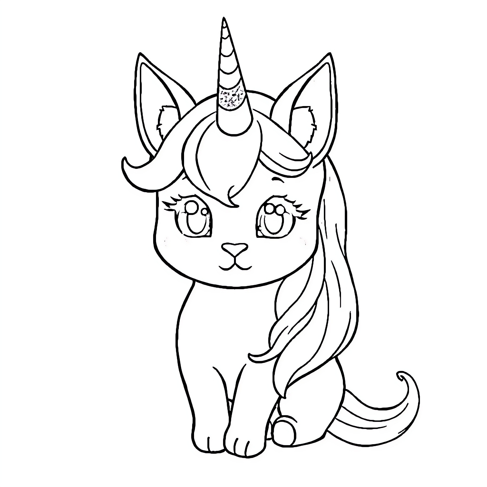 Unicorn Cat with Magical Horns and Adorable Expression Coloring Page (free black-and-white line drawing printable PDF for all, from beginners to advanced learners, including children, teens, adults, and seniors)