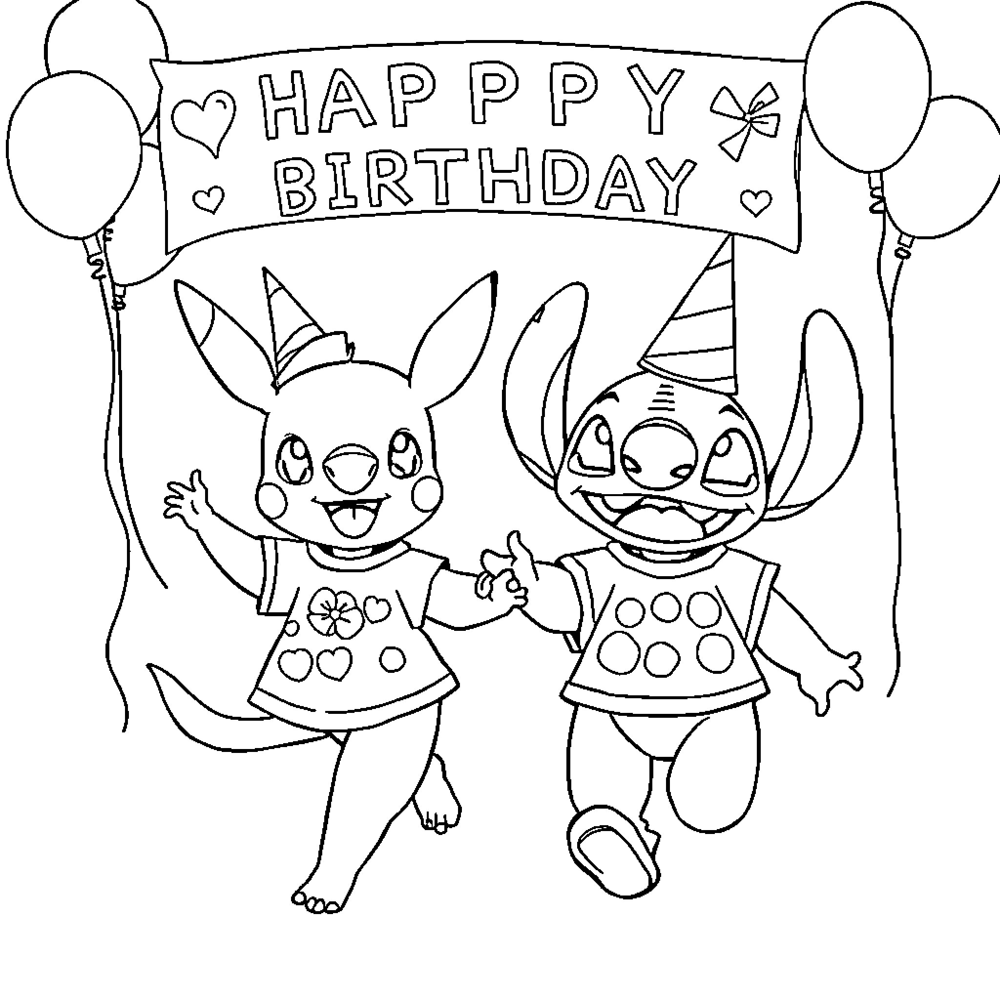 Pokémon friends celebrate a happy birthday party Coloring Page (free black-and-white line drawing printable PDF for all, from beginners to advanced learners, including children, teens, adults, and seniors)