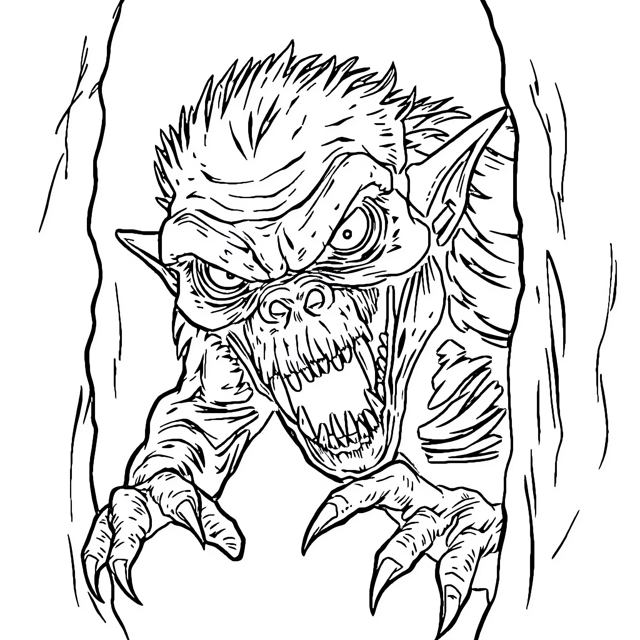 Monster unleashing fierce claws and fangs Coloring Page (free black-and-white line drawing printable PDF for all, from beginners to advanced learners, including children, teens, adults, and seniors)