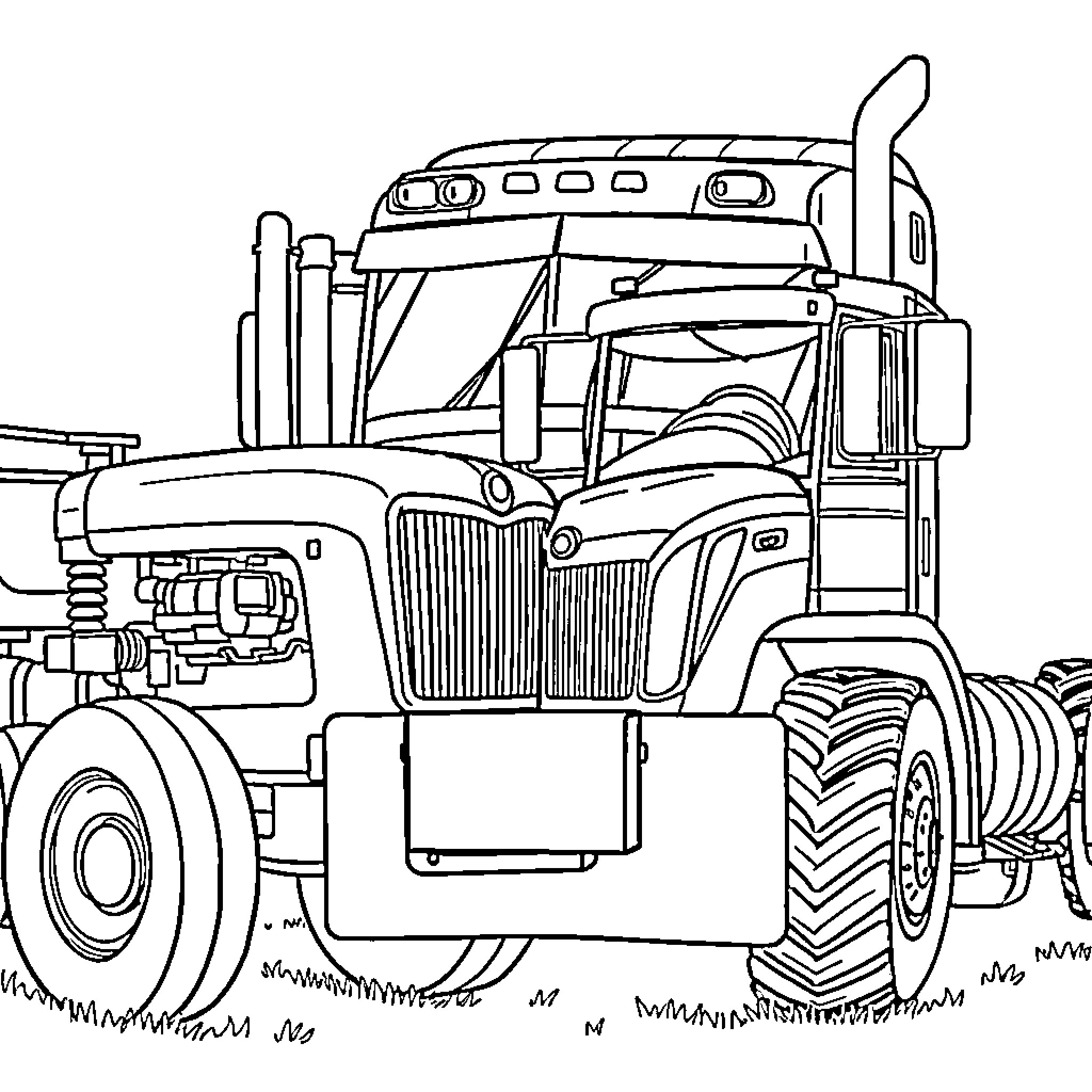Truck carrying heavy equipment on the field Coloring Page (free black-and-white line drawing printable PDF for all, from beginners to advanced learners, including children, teens, adults, and seniors)