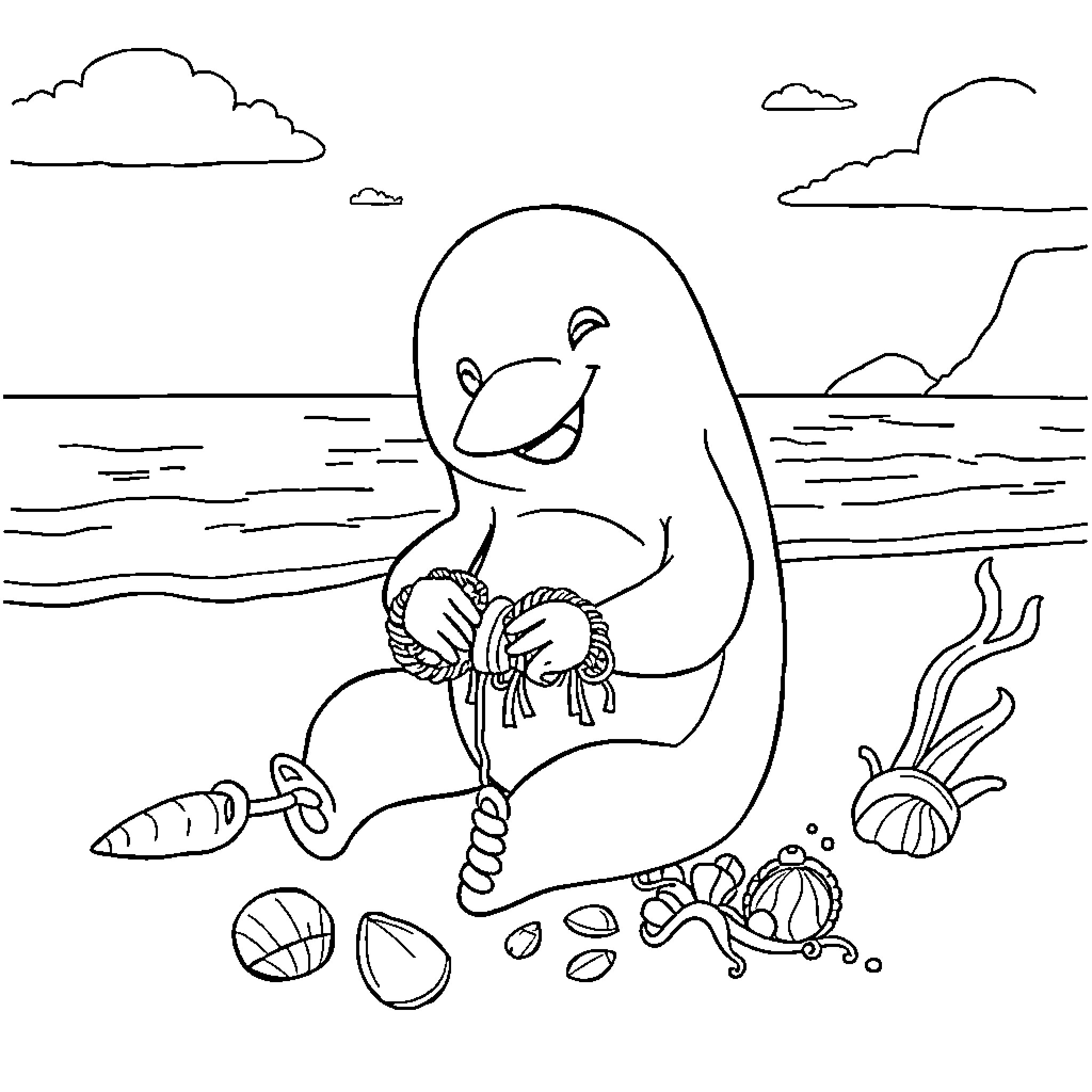 Dolphin searching for seafood in the ocean Coloring Page (free black-and-white line drawing printable PDF for all, from beginners to advanced learners, including children, teens, adults, and seniors)