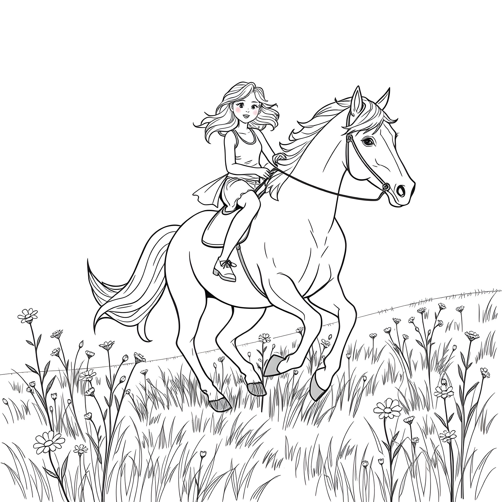 Teen Girl Riding Horse in Grassy Field Coloring Page (free black-and-white line drawing printable PDF for all, from beginners to advanced learners, including children, teens, adults, and seniors)
