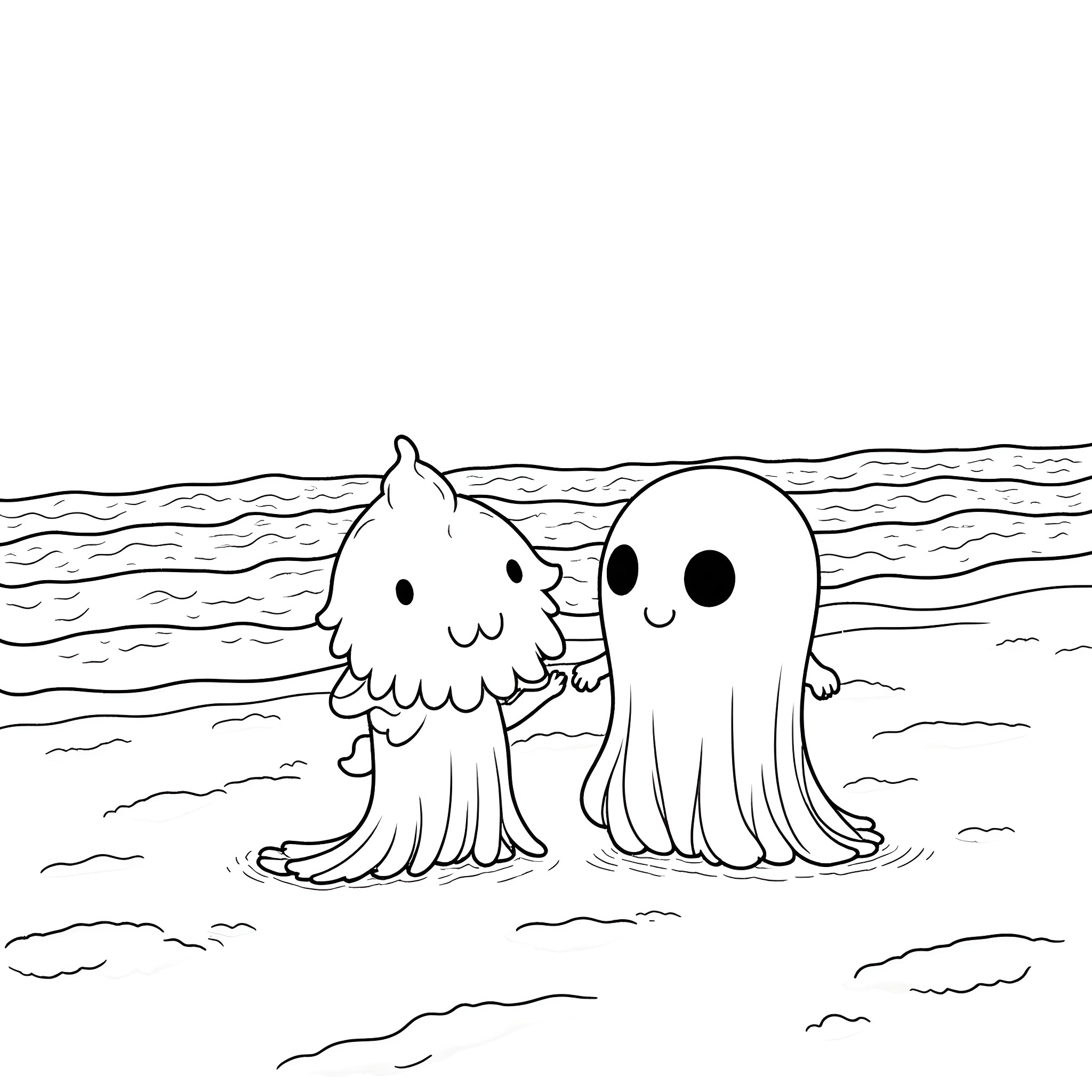 Ghostspider's friendly encounter with a ghostly companion Coloring Page (free black-and-white line drawing printable PDF for all, from beginners to advanced learners, including children, teens, adults, and seniors)