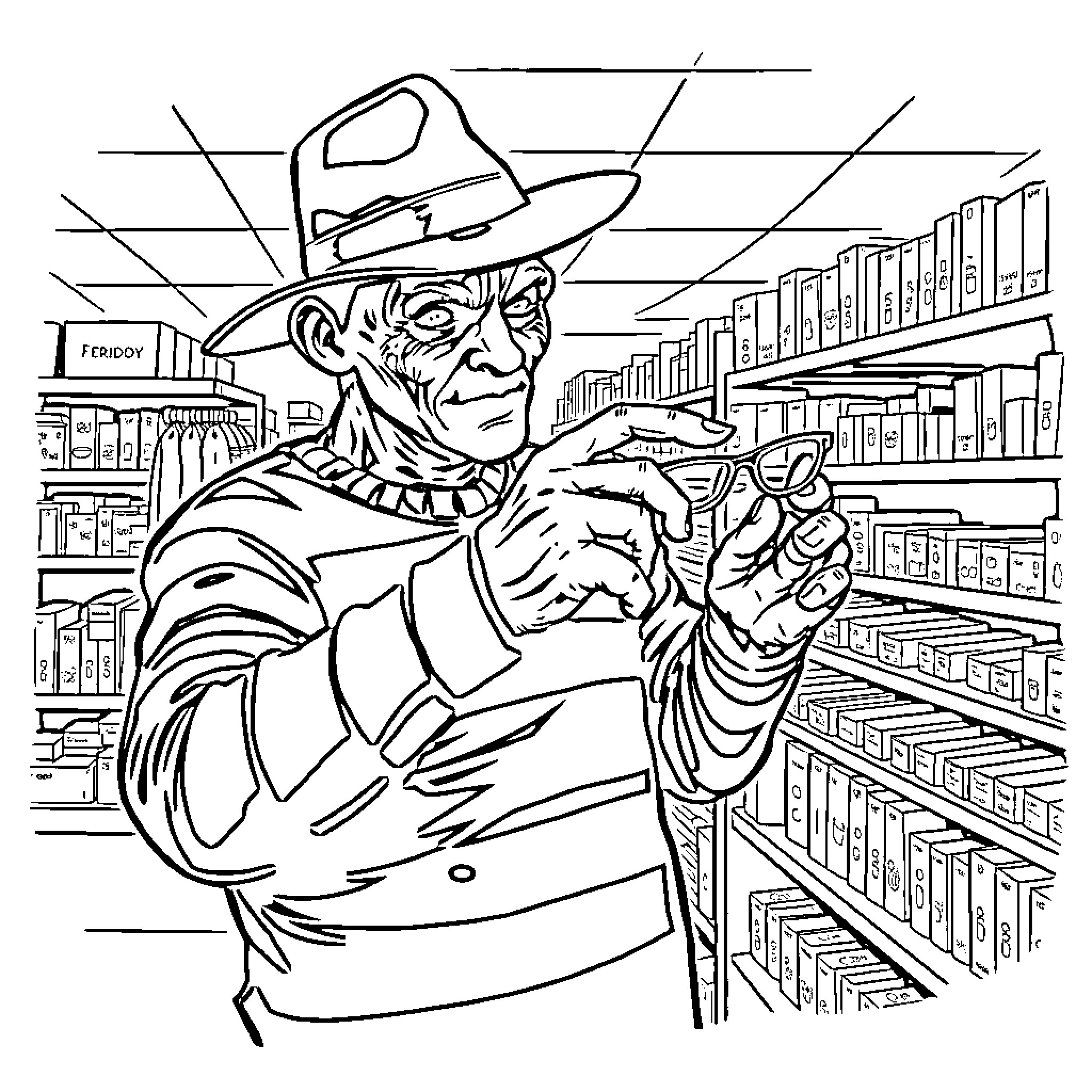 Freddy Krueger stalking menacingly in a bookstore Coloring Page (free black-and-white line drawing printable PDF for all, from beginners to advanced learners, including children, teens, adults, and seniors)