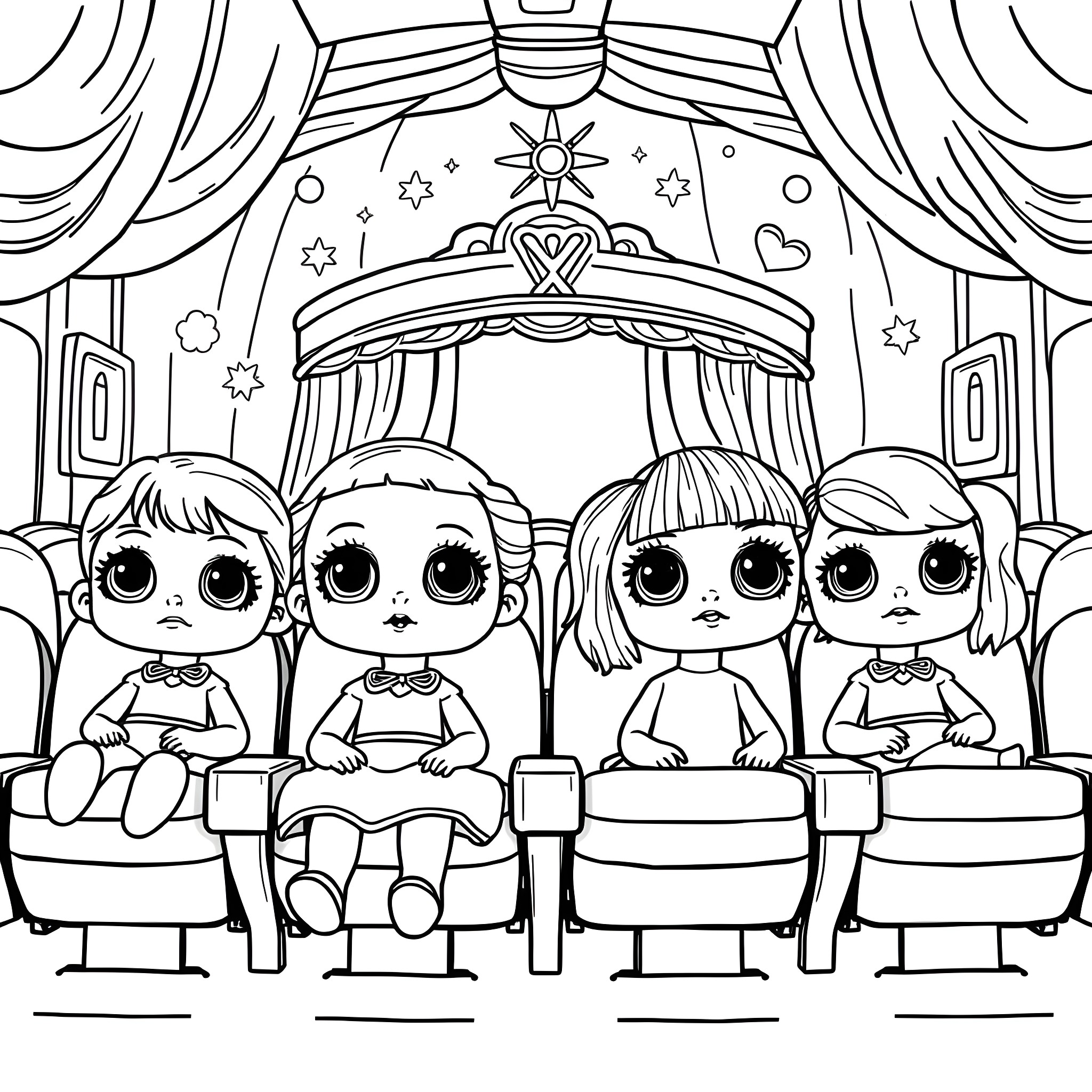 Doll Playtime in the Dazzling Theater Coloring Page (free black-and-white line drawing printable PDF for all, from beginners to advanced learners, including children, teens, adults, and seniors)