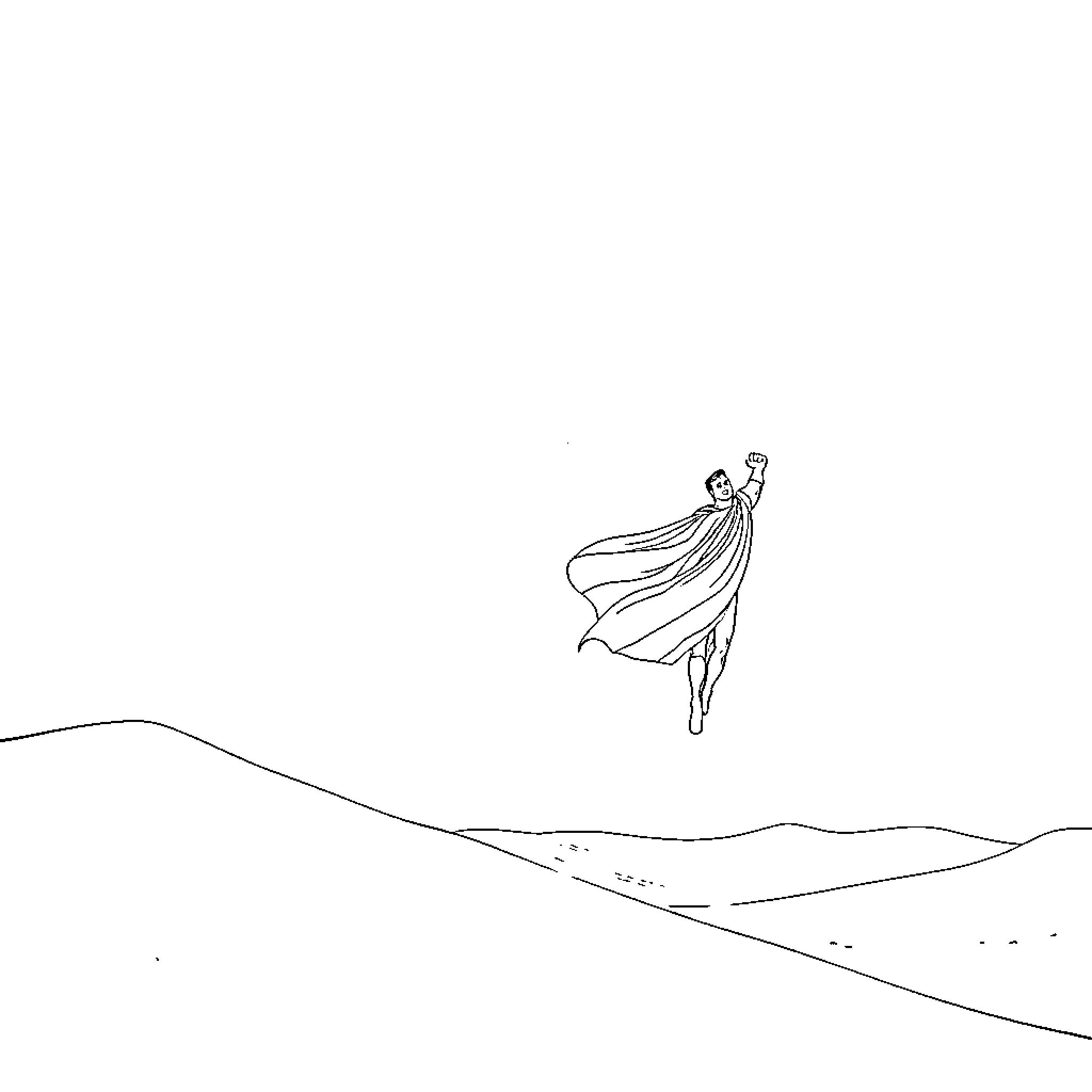Superman soaring across the landscape Coloring Page (free black-and-white line drawing printable PDF for all, from beginners to advanced learners, including children, teens, adults, and seniors)