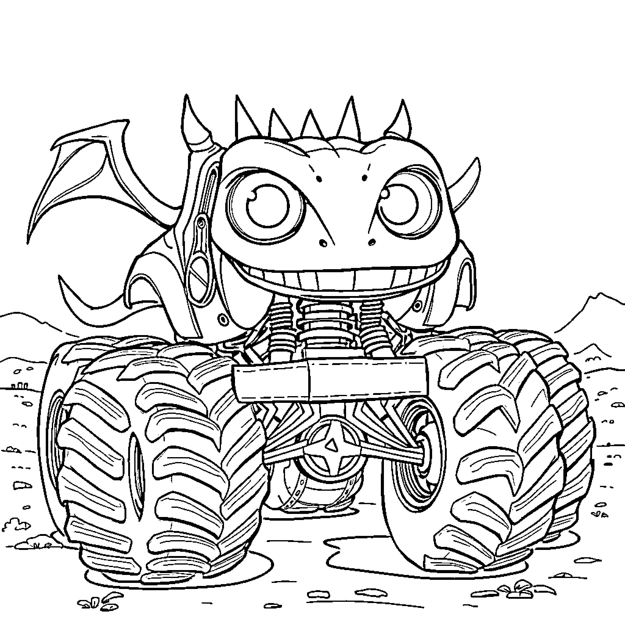 Monster Truck with Grinning Monstrous Creature Coloring Page (free black-and-white line drawing printable PDF for all, from beginners to advanced learners, including children, teens, adults, and seniors)