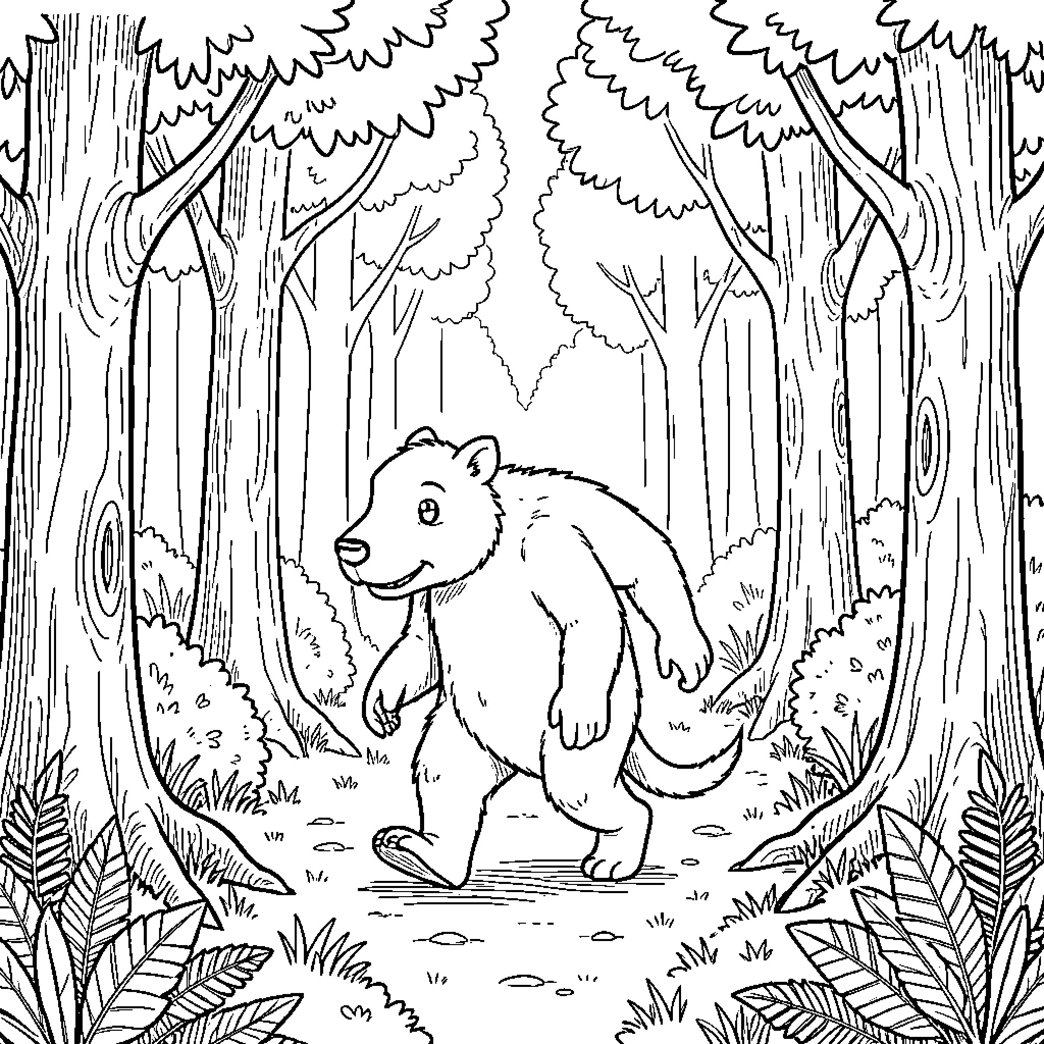 Crocmou wombat walking through a lush forest Coloring Page (free black-and-white line drawing printable PDF for all, from beginners to advanced learners, including children, teens, adults, and seniors)