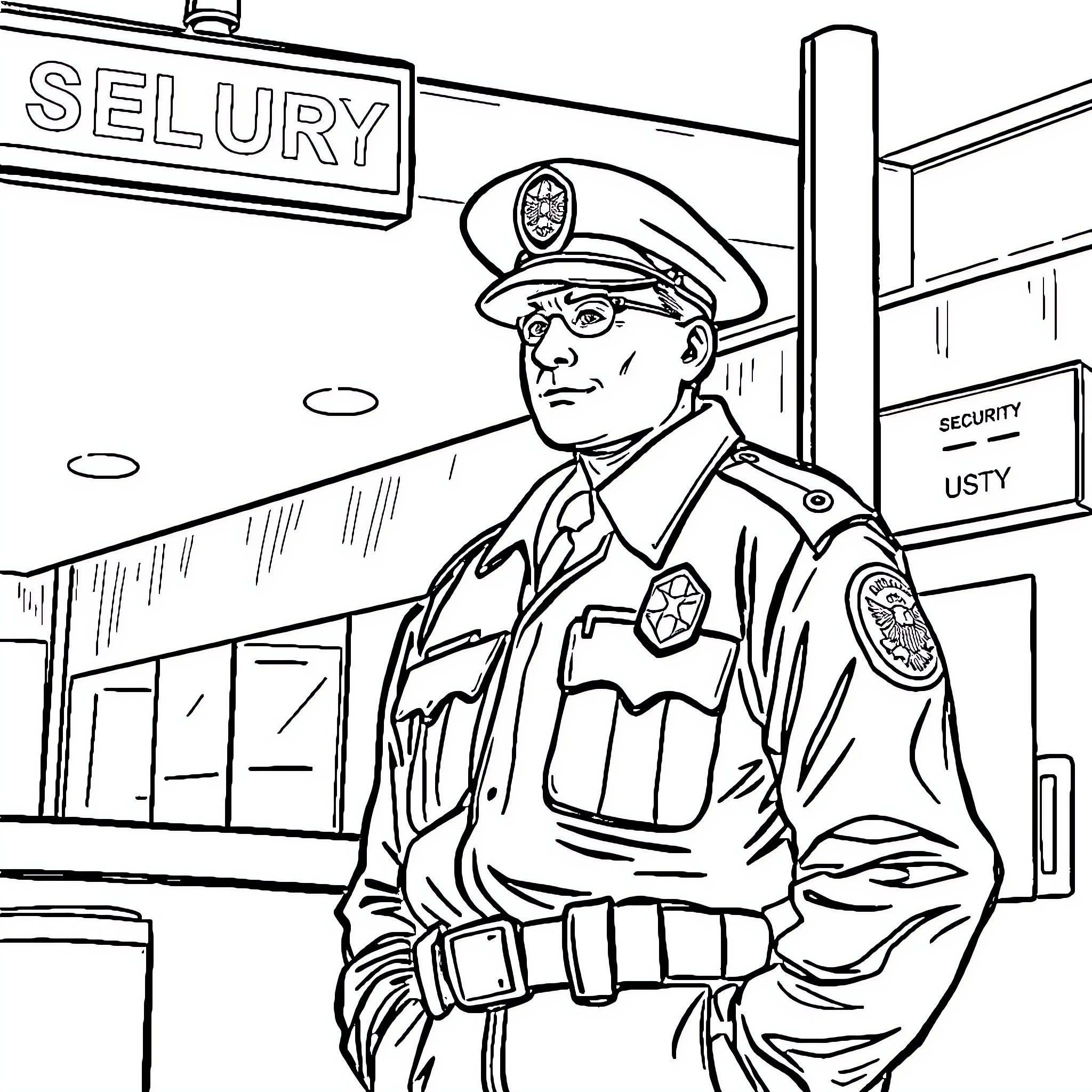 Security Guard Monitoring Facility Entrance Coloring Page (free black-and-white line drawing printable PDF for all, from beginners to advanced learners, including children, teens, adults, and seniors)