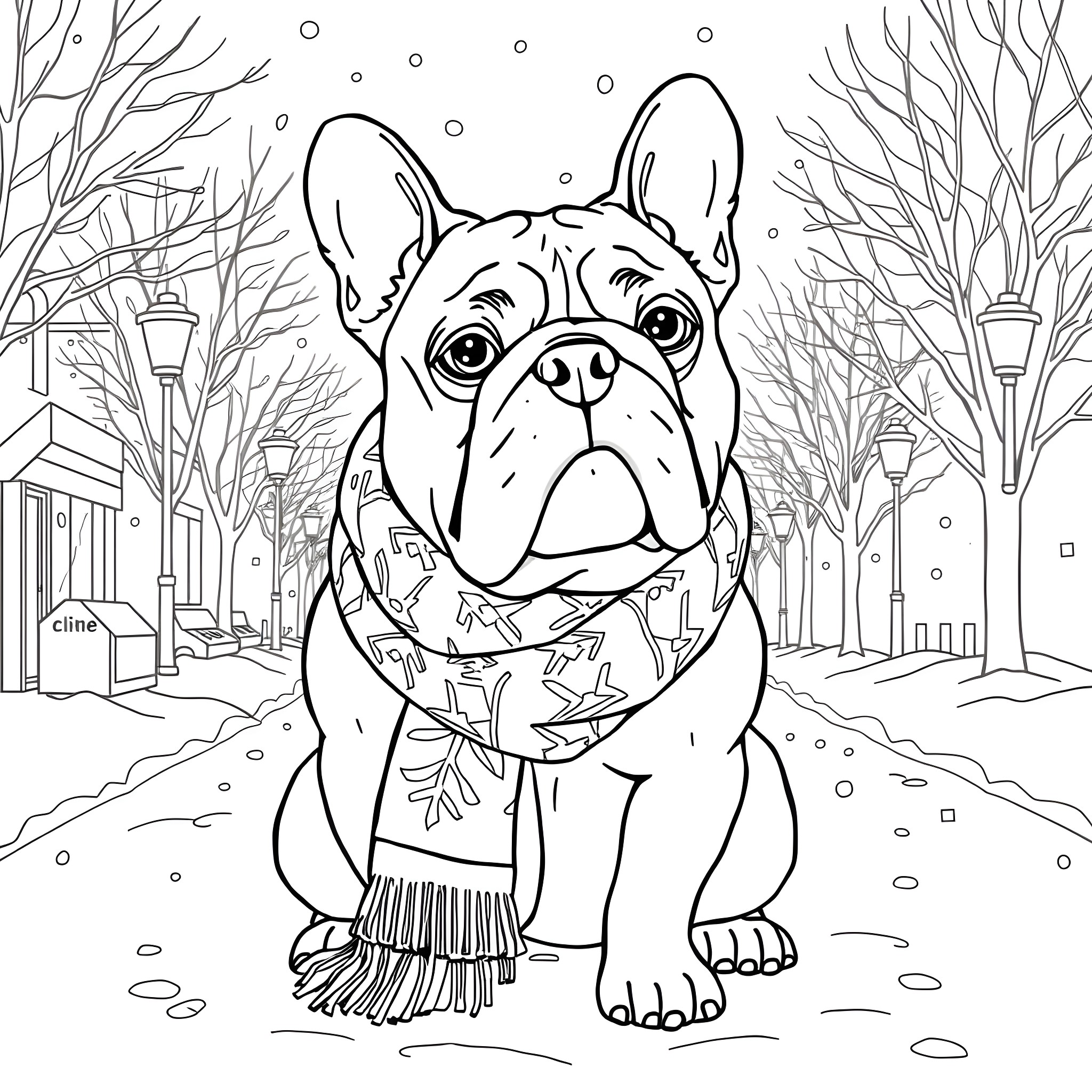 Bulldog enjoying the snowy winter scene Coloring Page (free black-and-white line drawing printable PDF for all, from beginners to advanced learners, including children, teens, adults, and seniors)