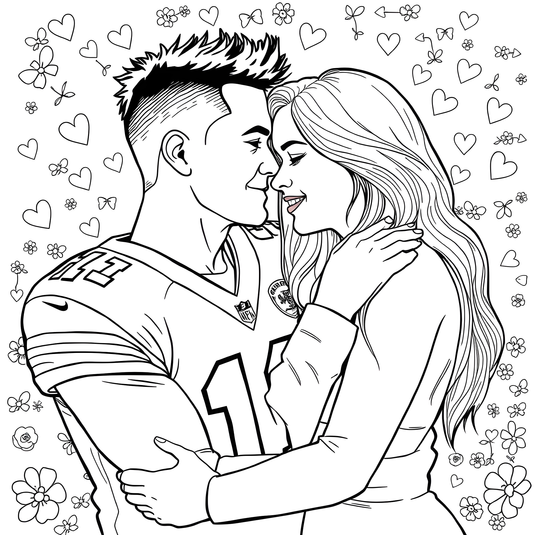 Patrick Mahomes embracing his girlfriend in a loving moment Coloring Page (free black-and-white line drawing printable PDF for all, from beginners to advanced learners, including children, teens, adults, and seniors)
