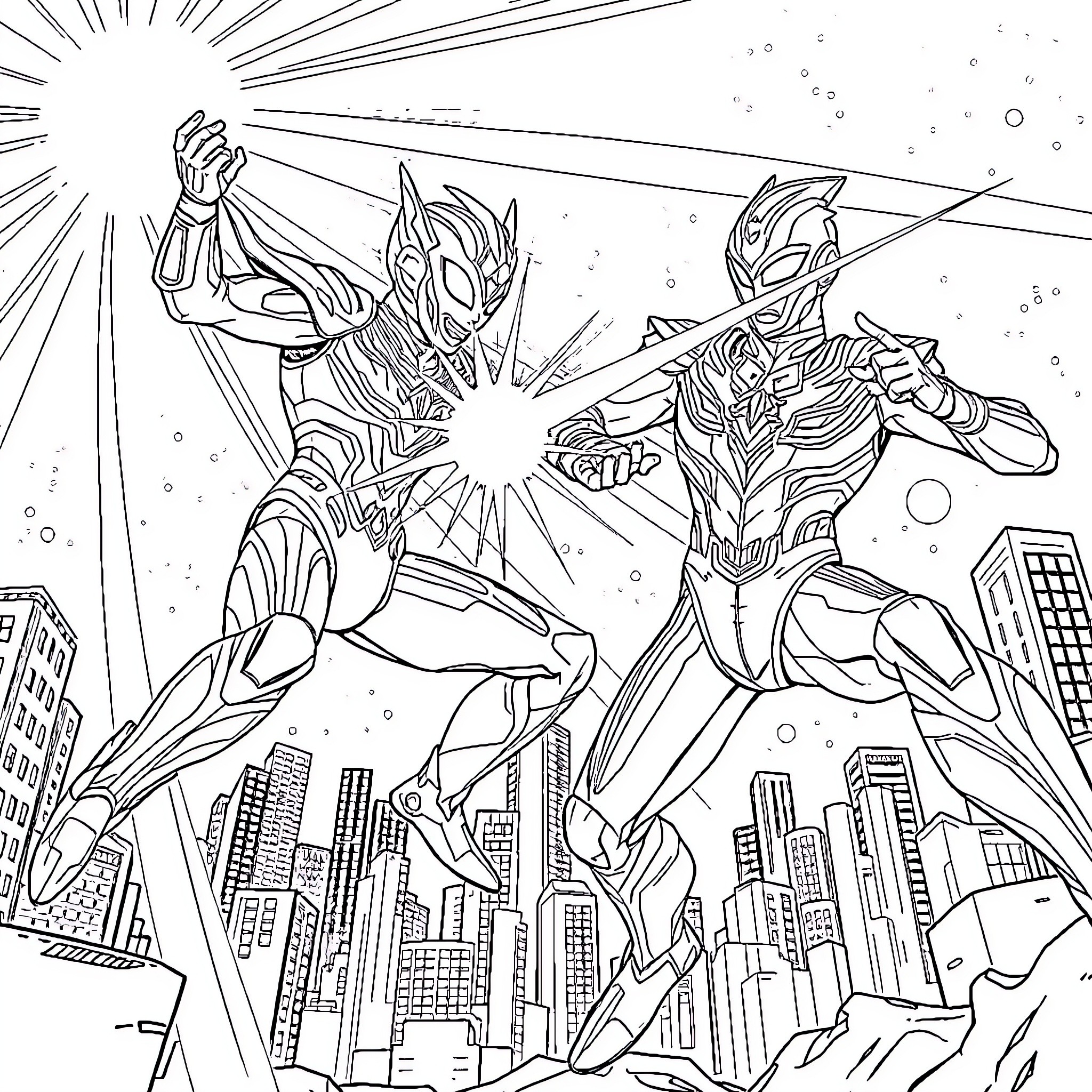 Ultraman heroes battle against forces in the city Coloring Page (free black-and-white line drawing printable PDF for all, from beginners to advanced learners, including children, teens, adults, and seniors)