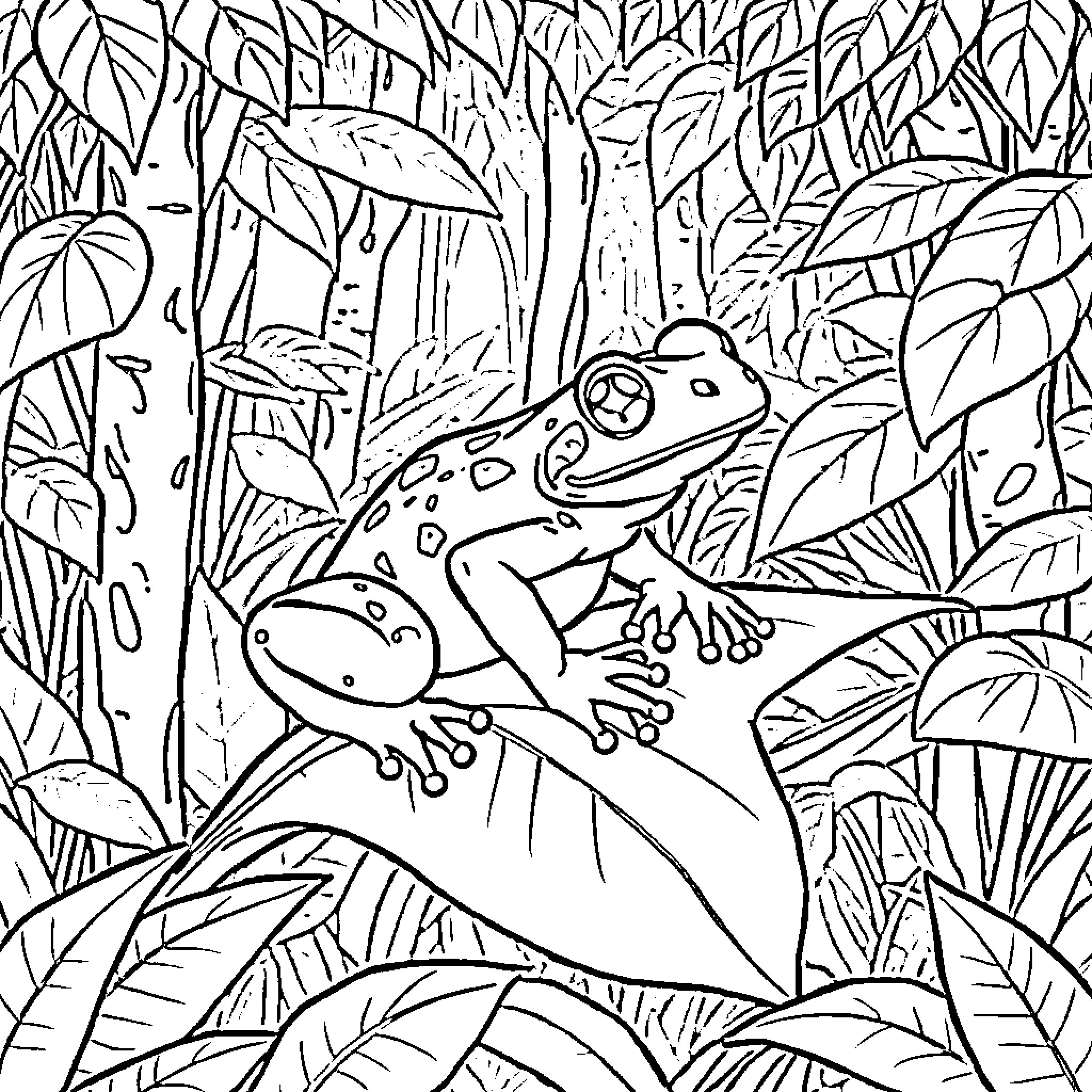 Frog resting amidst lush foliage Coloring Page (free black-and-white line drawing printable PDF for all, from beginners to advanced learners, including children, teens, adults, and seniors)