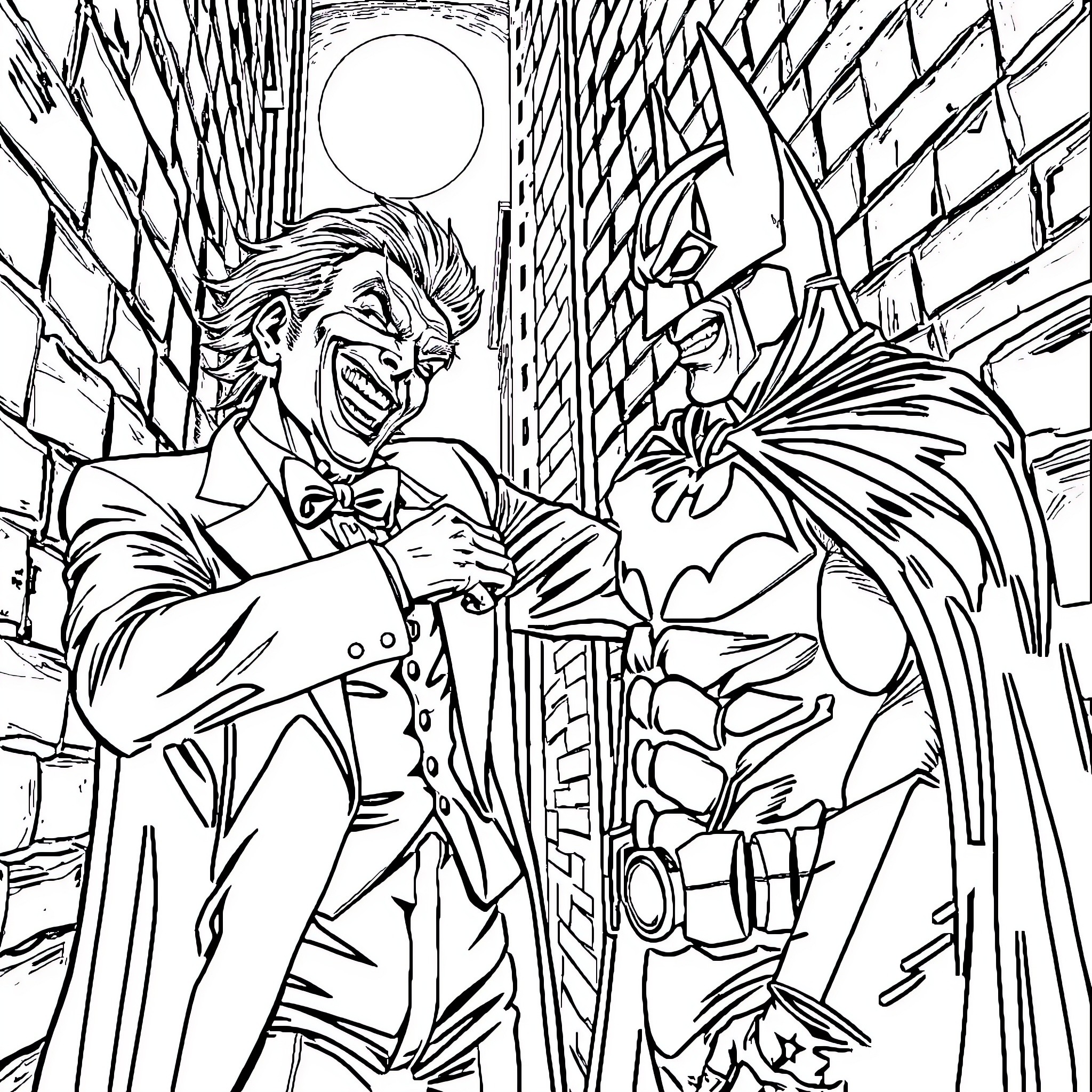 Joker and Batman in Fierce Confrontation Coloring Page (free black-and-white line drawing printable PDF for all, from beginners to advanced learners, including children, teens, adults, and seniors)