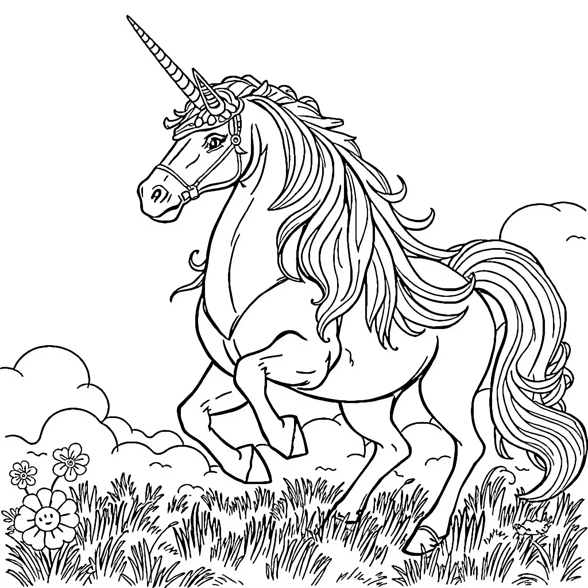 Vegeta's Unicorn Adventure in the Enchanted Meadow Coloring Page (free black-and-white line drawing printable PDF for all, from beginners to advanced learners, including children, teens, adults, and seniors)