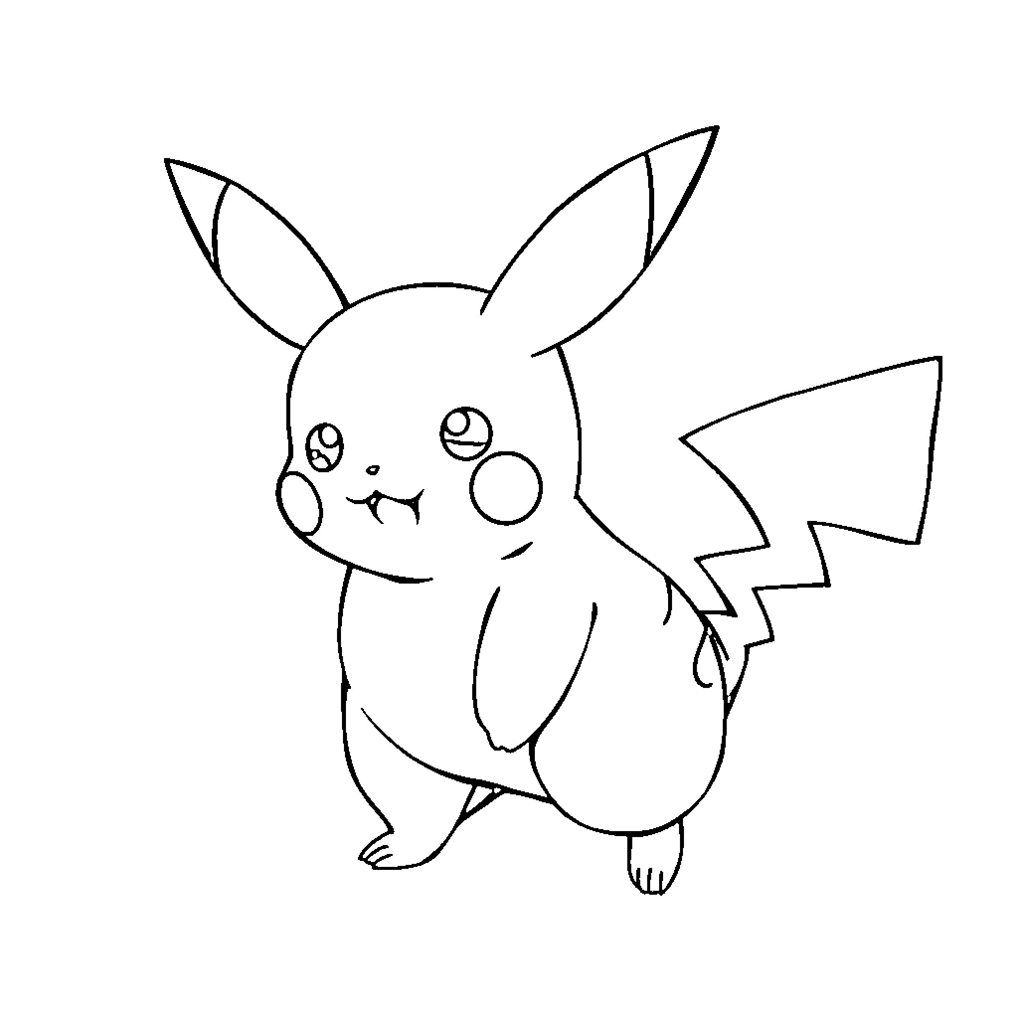 Pikachu in playful pose Coloring Page (free black-and-white line drawing printable PDF for all, from beginners to advanced learners, including children, teens, adults, and seniors)