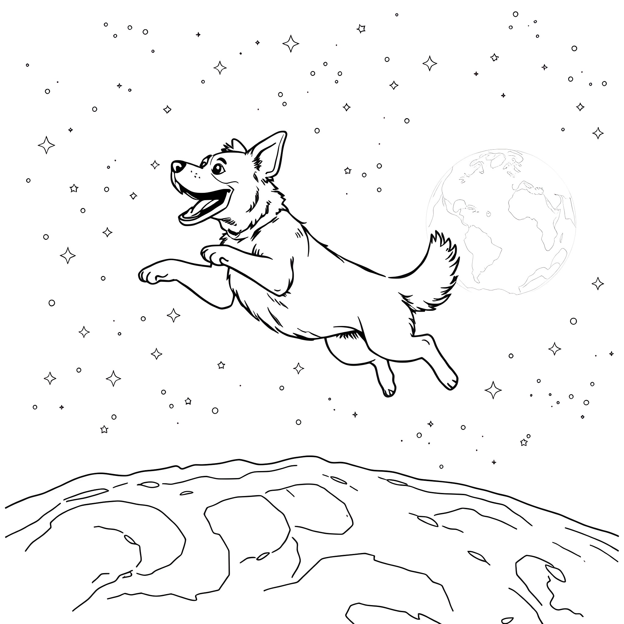 Dog jumping happily in the starry night sky Coloring Page (free black-and-white line drawing printable PDF for all, from beginners to advanced learners, including children, teens, adults, and seniors)