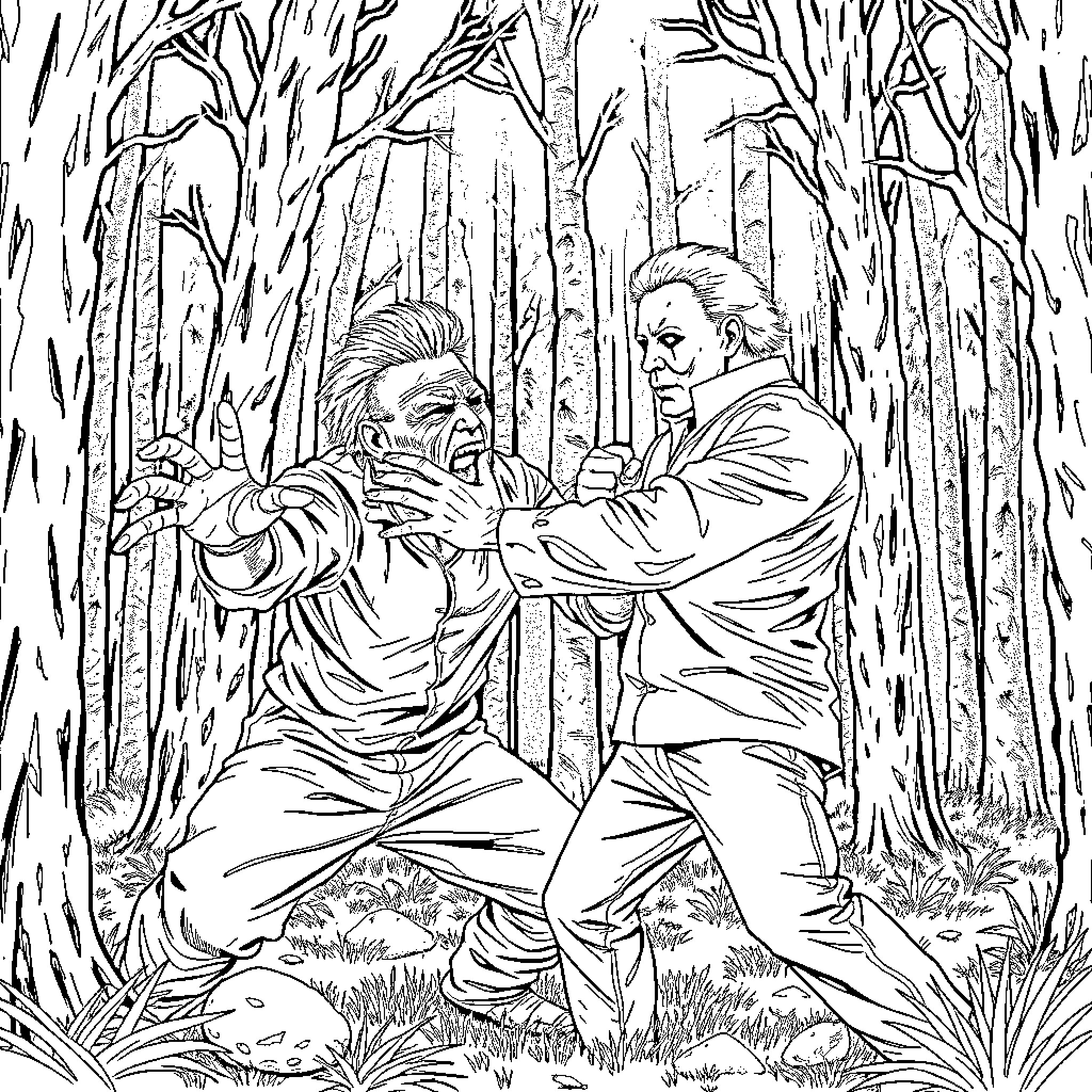 Grabber Two Men Scuffle in Woodland Coloring Page (free black-and-white line drawing printable PDF for all, from beginners to advanced learners, including children, teens, adults, and seniors)