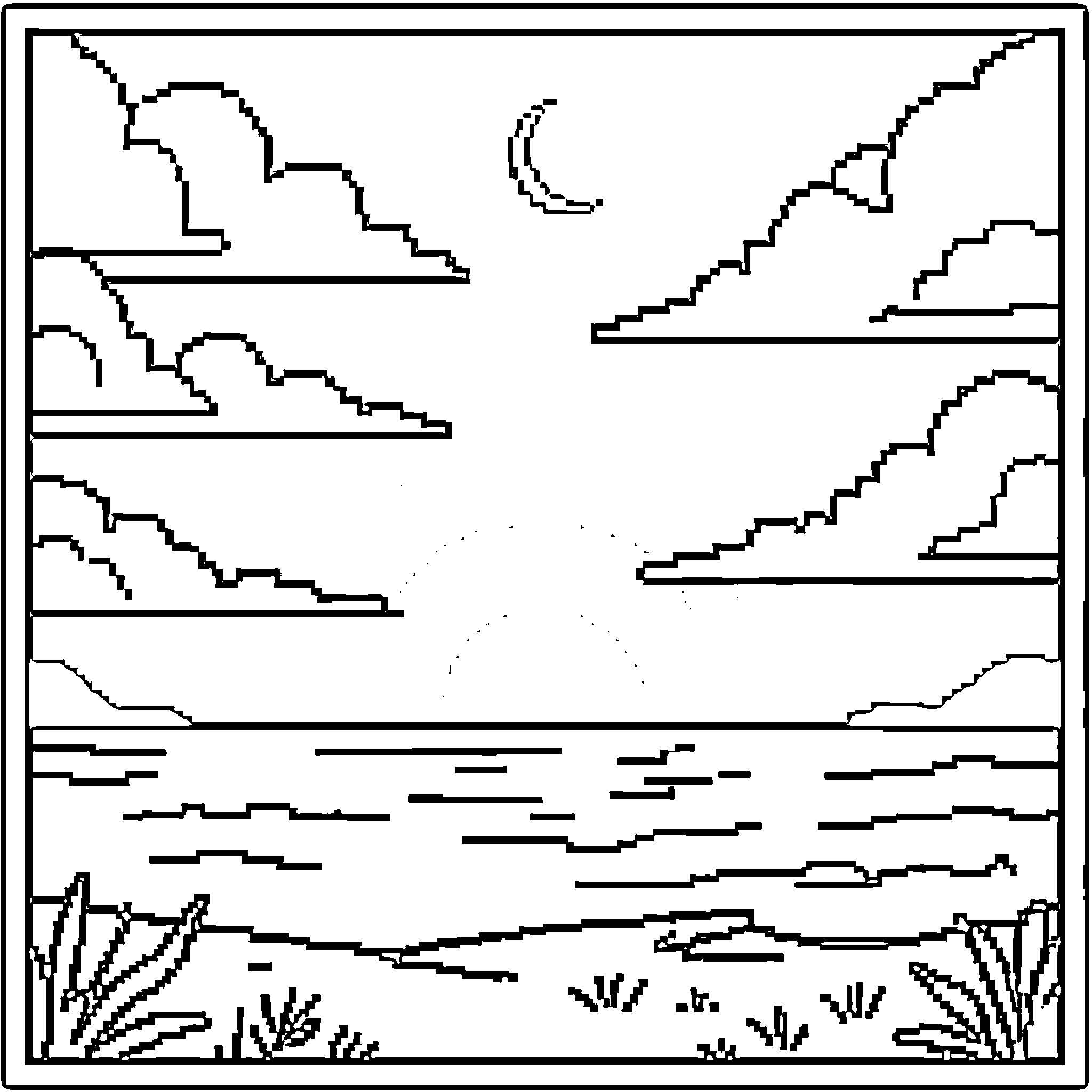 Sunset over abstract landscape Coloring Page (free black-and-white line drawing printable PDF for all, from beginners to advanced learners, including children, teens, adults, and seniors)