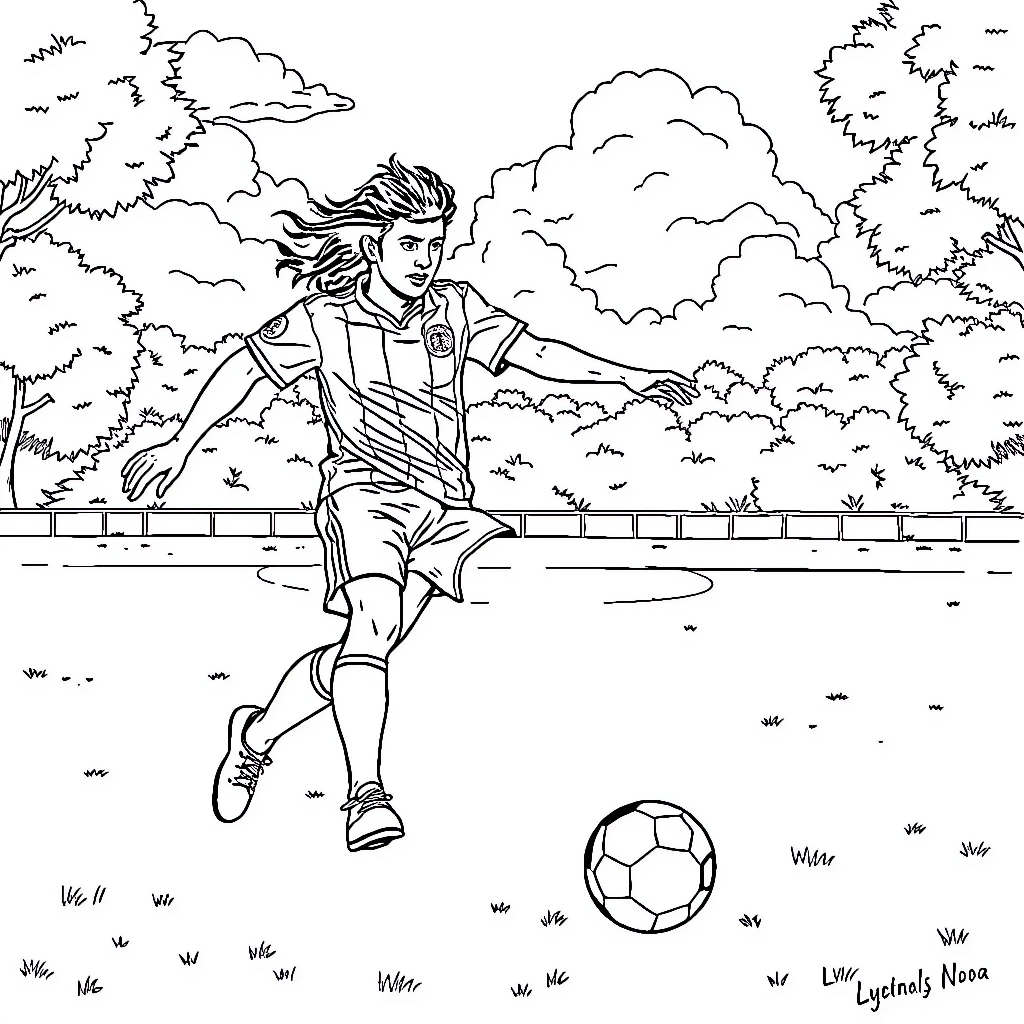 Evo Morales Playing Soccer in the Park Coloring Page (free black-and-white line drawing printable PDF for all, from beginners to advanced learners, including children, teens, adults, and seniors)