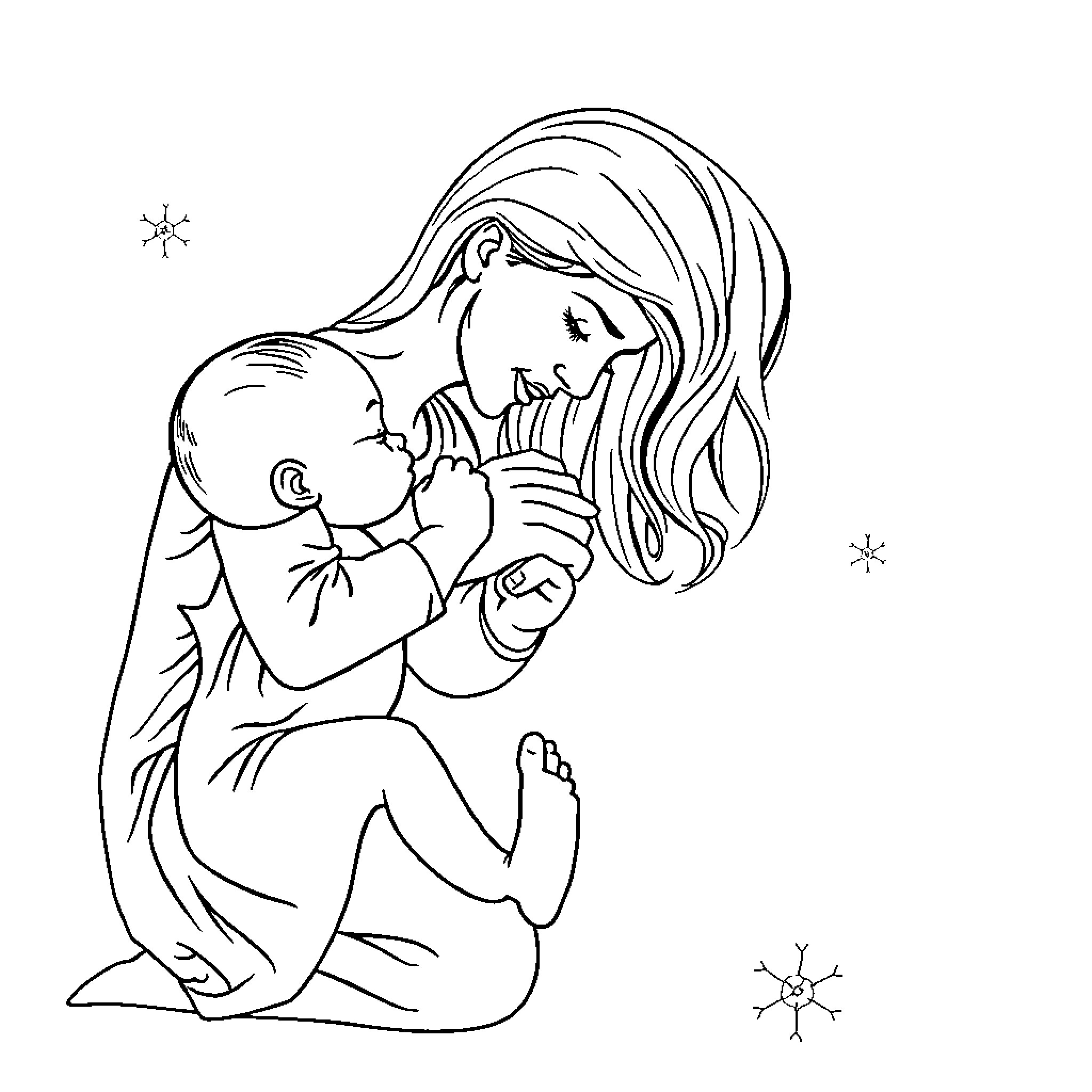 Mom Comforting and Embracing Baby in Snowy Scene Coloring Page (free black-and-white line drawing printable PDF for all, from beginners to advanced learners, including children, teens, adults, and seniors)