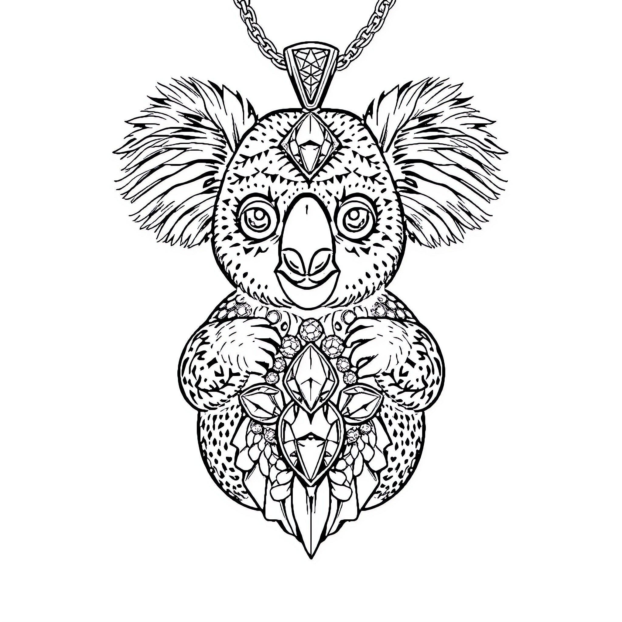 Koala with ornate pendant and stylized wings Coloring Page (free black-and-white line drawing printable PDF for all, from beginners to advanced learners, including children, teens, adults, and seniors)