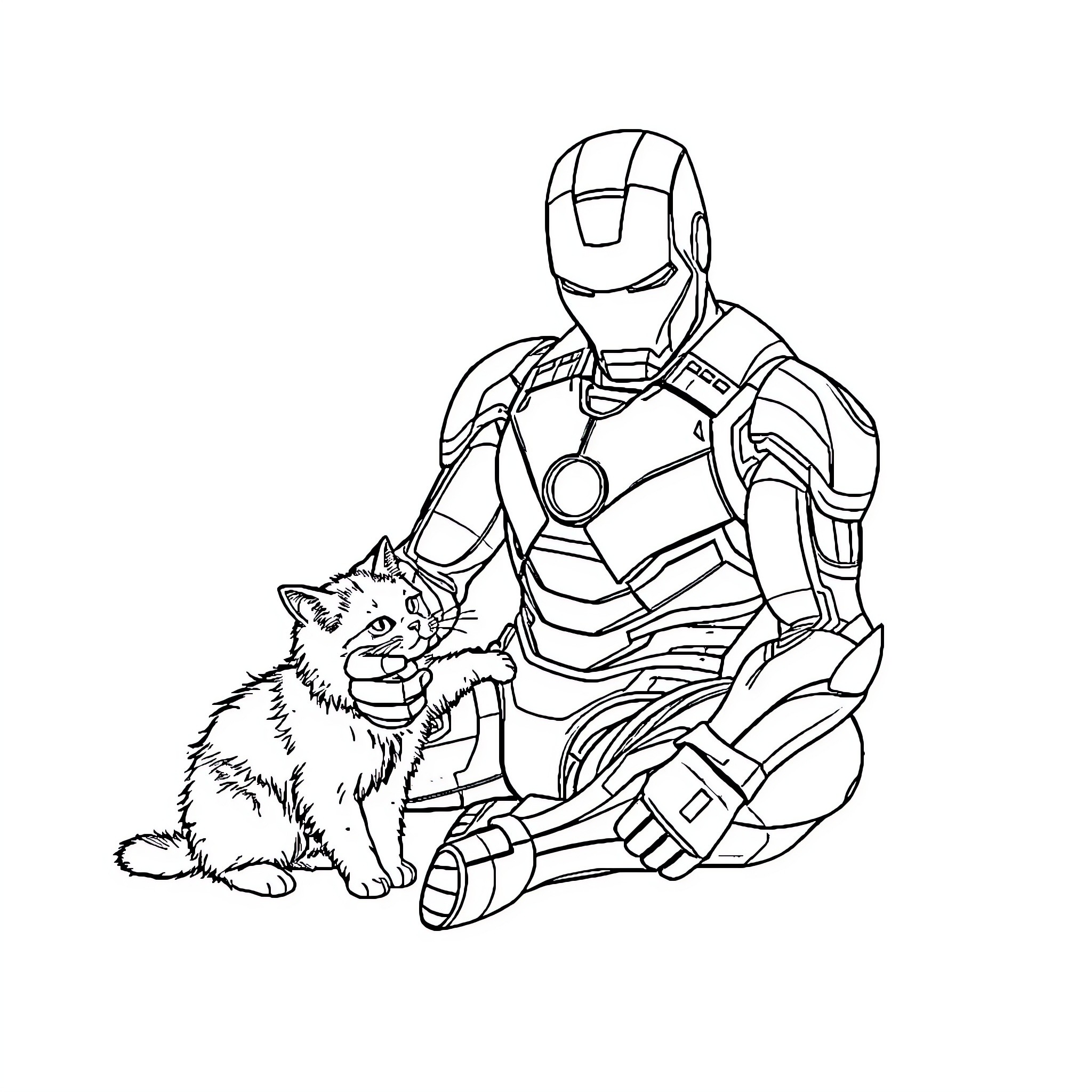 Iron Man playing with a cat in his suit Coloring Page (free black-and-white line drawing printable PDF for all, from beginners to advanced learners, including children, teens, adults, and seniors)