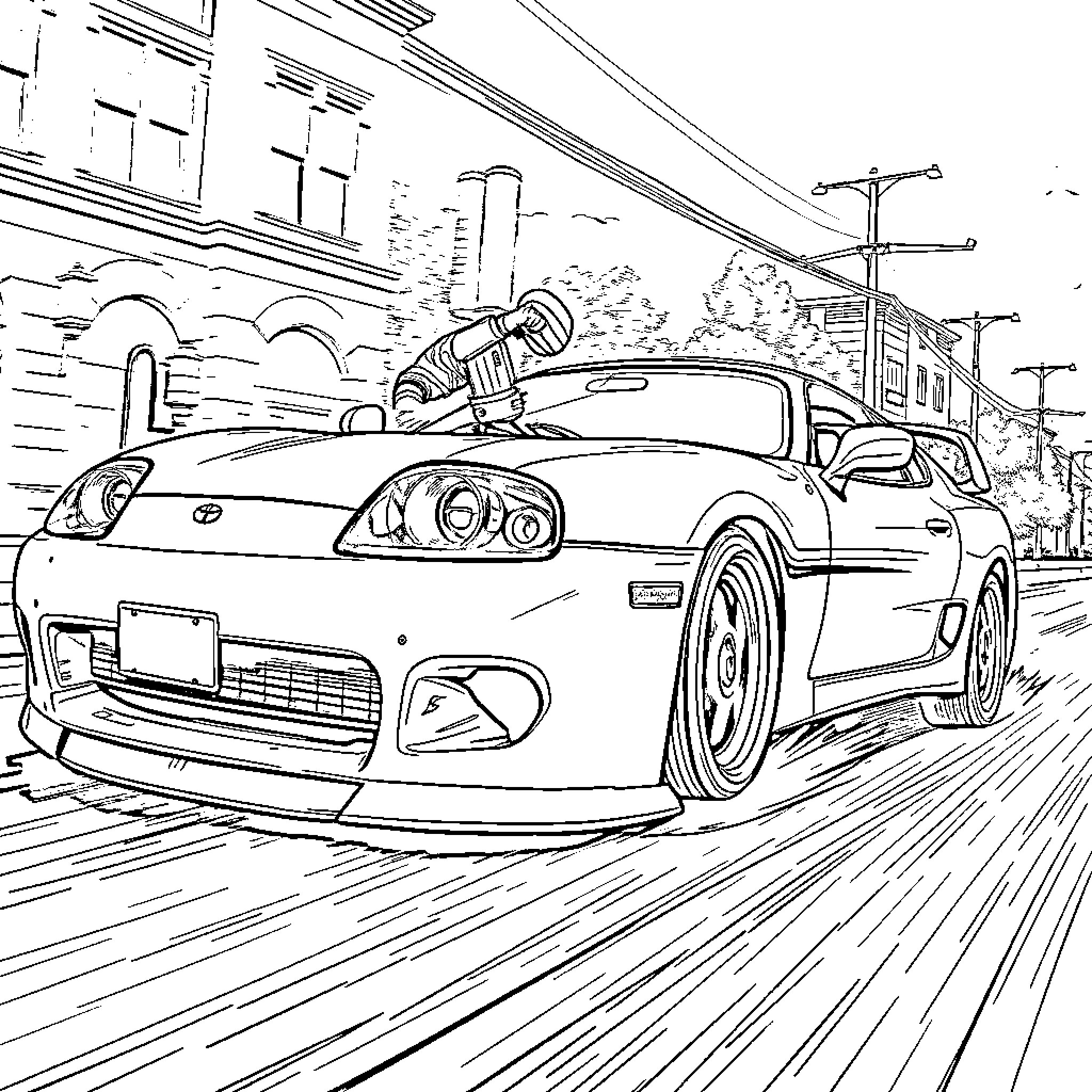 Brian O'Connor's Speedy Sports Car Racing Through the City Coloring Page (free black-and-white line drawing printable PDF for all, from beginners to advanced learners, including children, teens, adults, and seniors)