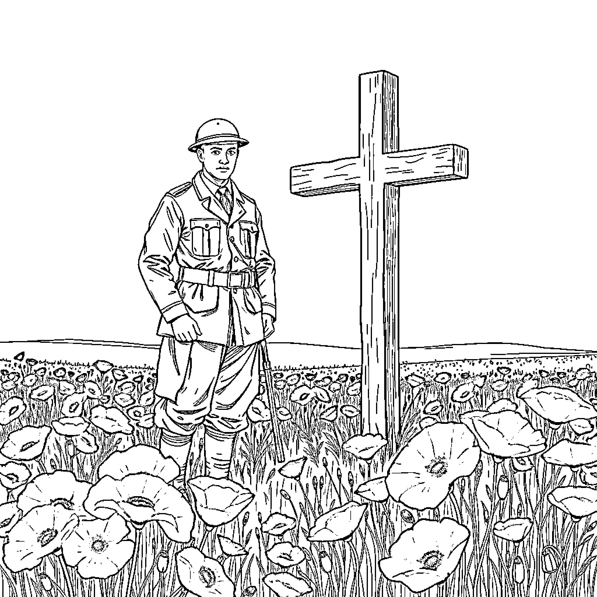 Soldier standing guard near religious cross in field Coloring Page (free black-and-white line drawing printable PDF for all, from beginners to advanced learners, including children, teens, adults, and seniors)