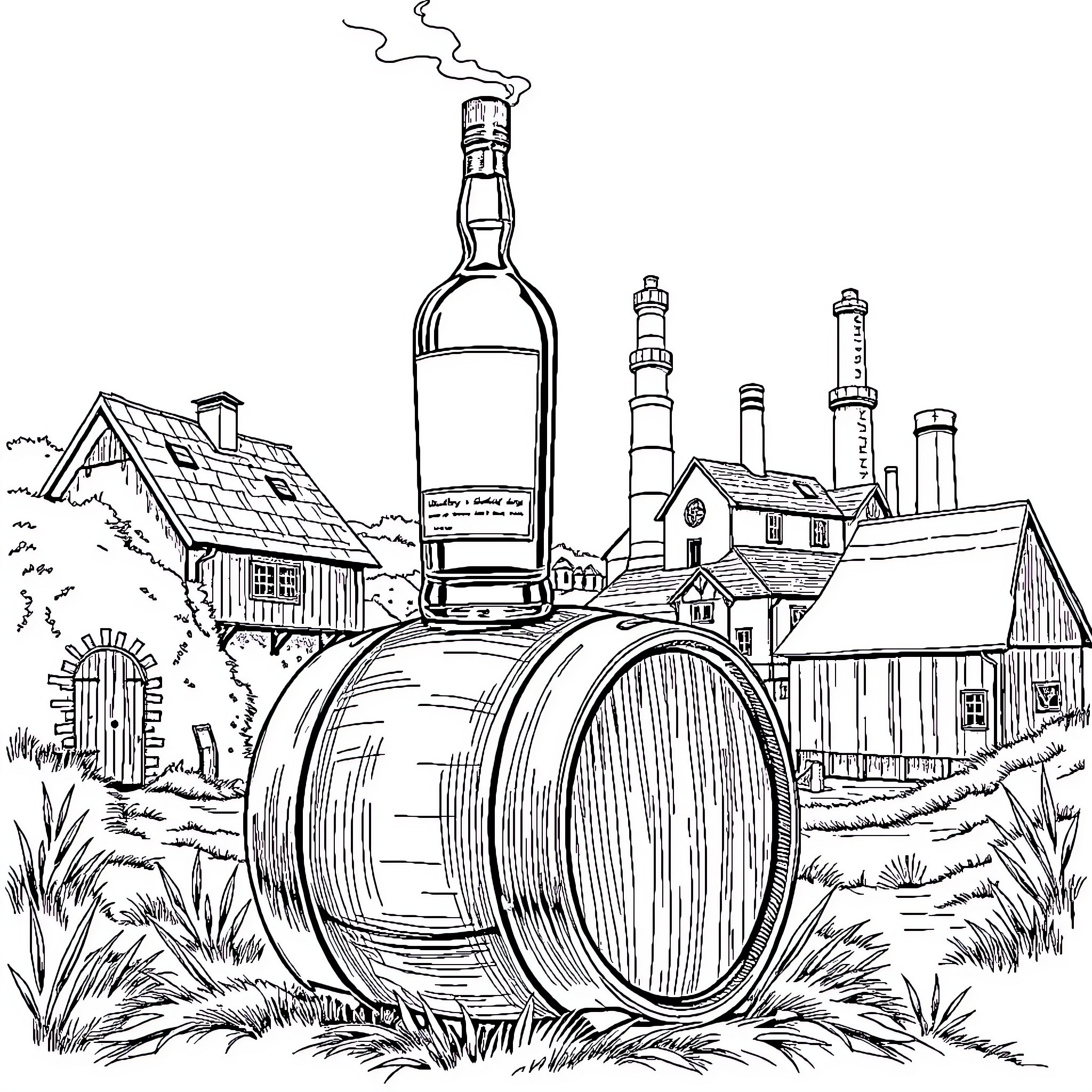 Whisky Distillery with Wooden Barrels and Smokestacks Coloring Page (free black-and-white line drawing printable PDF for all, from beginners to advanced learners, including children, teens, adults, and seniors)