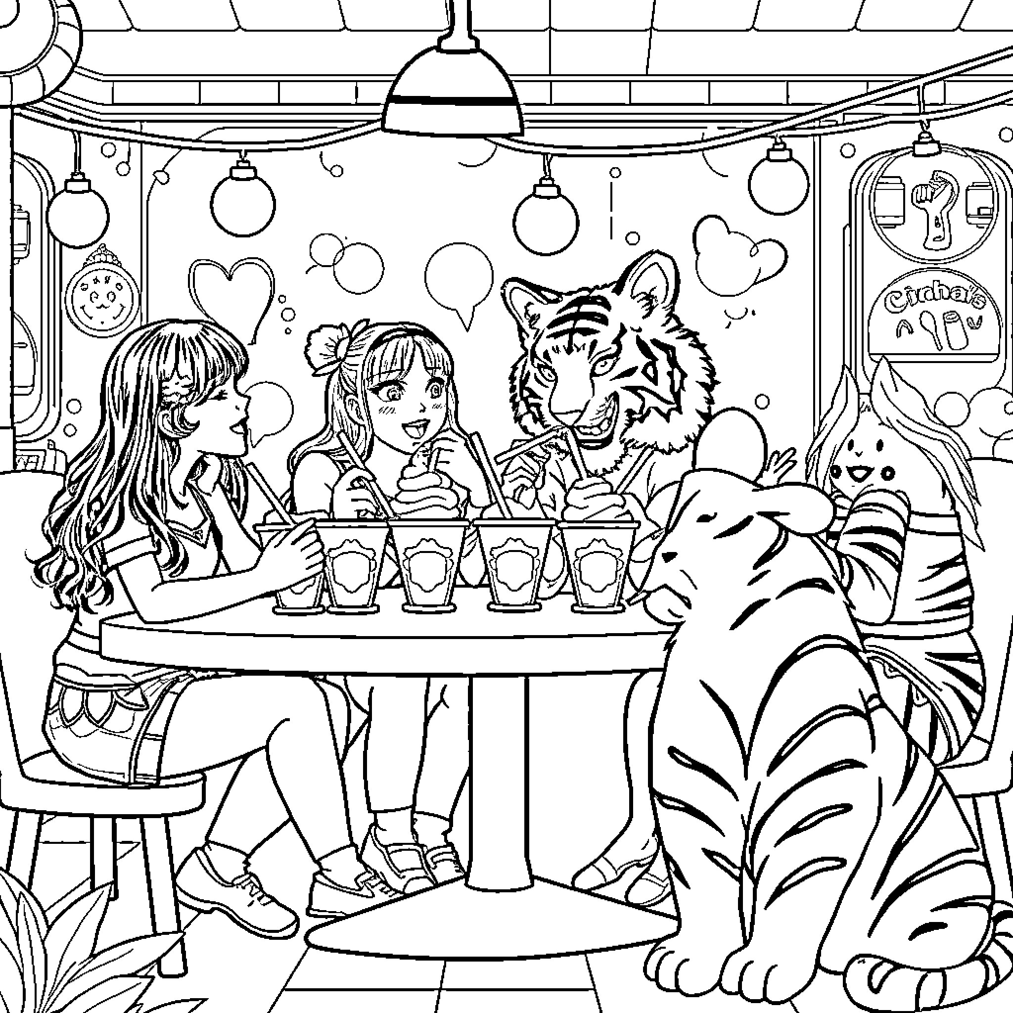 Guerrera Girls Enjoy Vibrant Cafe with Feline Friend Coloring Page (free black-and-white line drawing printable PDF for all, from beginners to advanced learners, including children, teens, adults, and seniors)