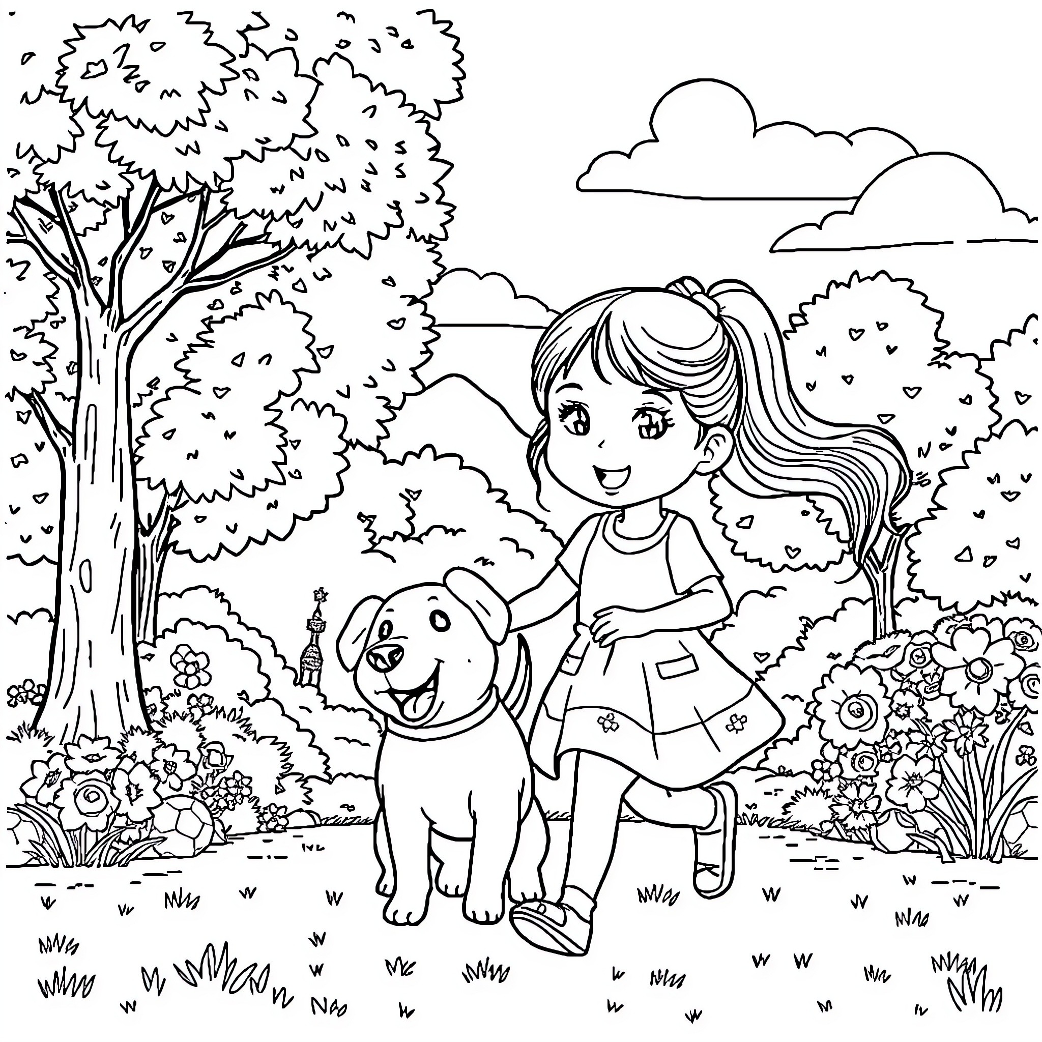 Hoshi's Playful Outing with Her Furry Friend Coloring Page (free black-and-white line drawing printable PDF for all, from beginners to advanced learners, including children, teens, adults, and seniors)