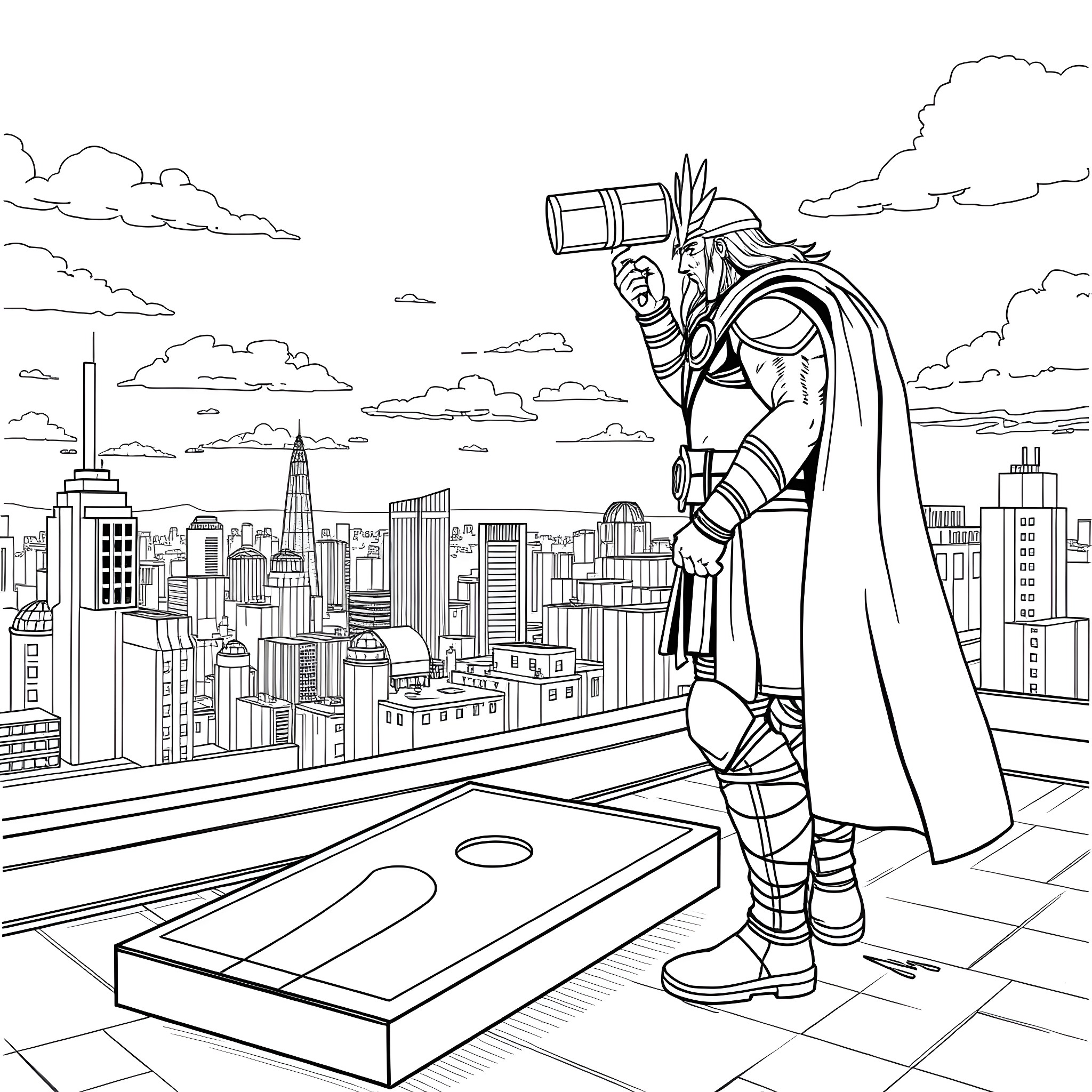Thor overlooking the bustling city with his mighty hammer Coloring Page (free black-and-white line drawing printable PDF for all, from beginners to advanced learners, including children, teens, adults, and seniors)