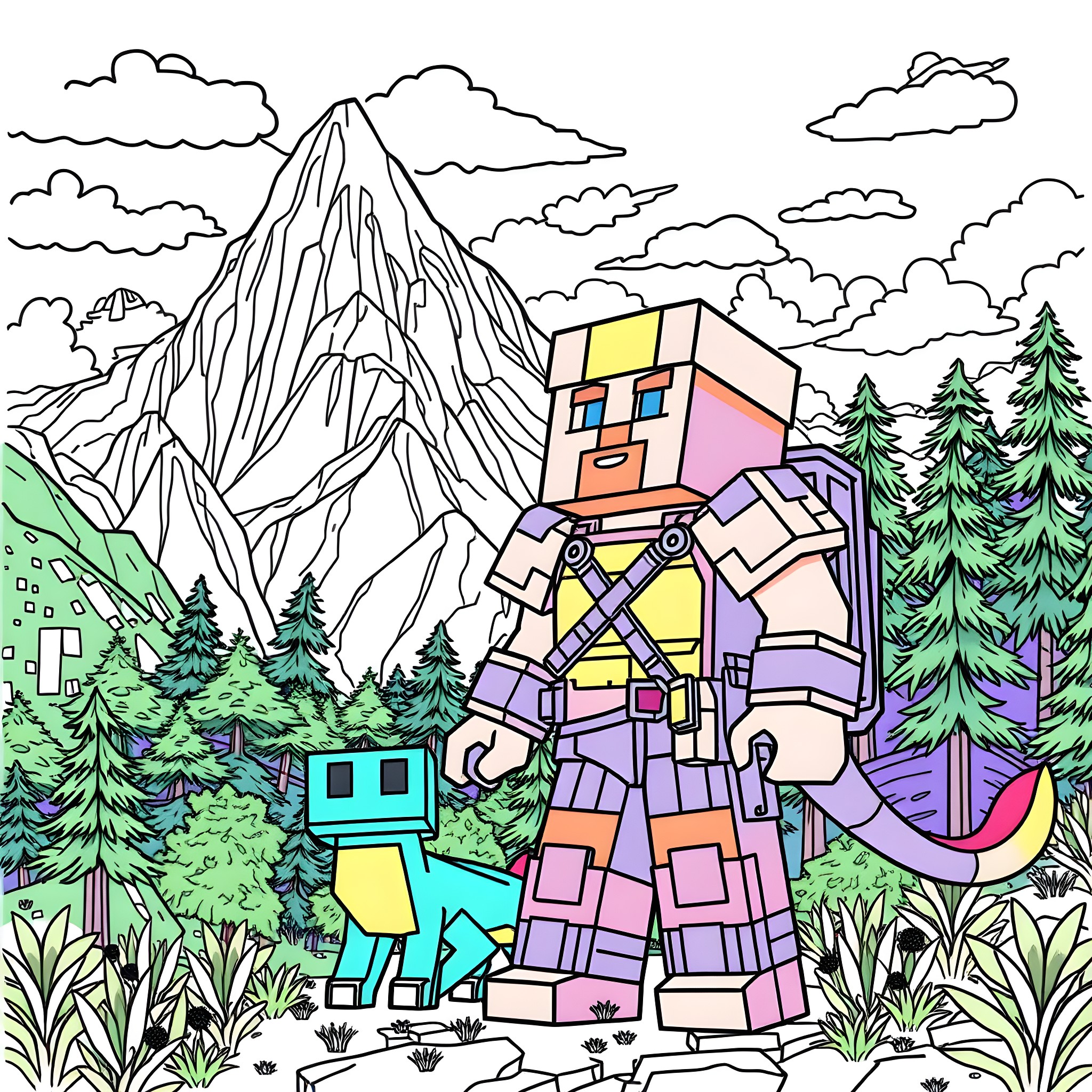 Steve's Robotic Adventure in the Mountainous Landscape Coloring Page (free black-and-white line drawing printable PDF for all, from beginners to advanced learners, including children, teens, adults, and seniors)